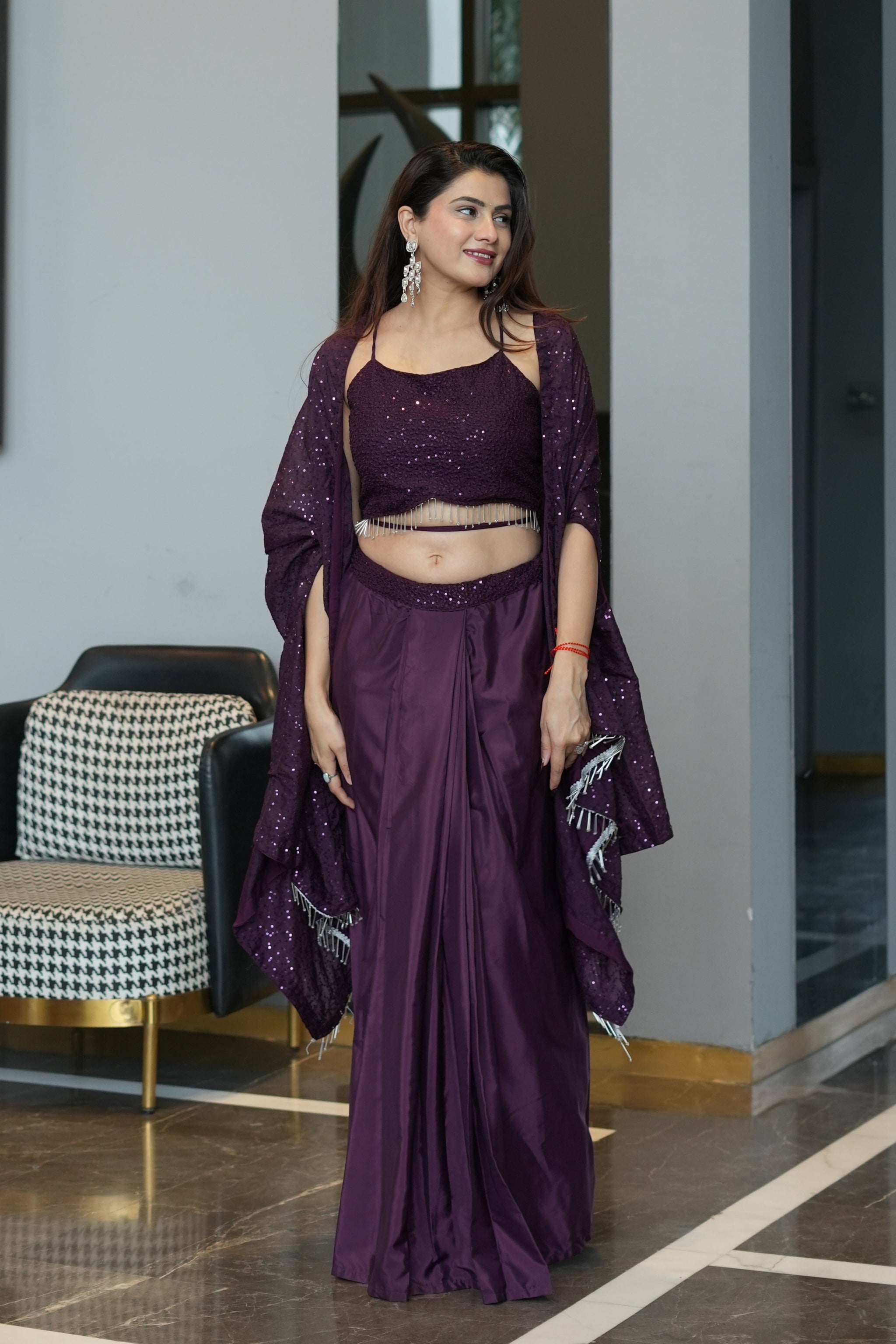 Diksha Pawar Wine Colour Indowestern Dhoti Suit With Shrug