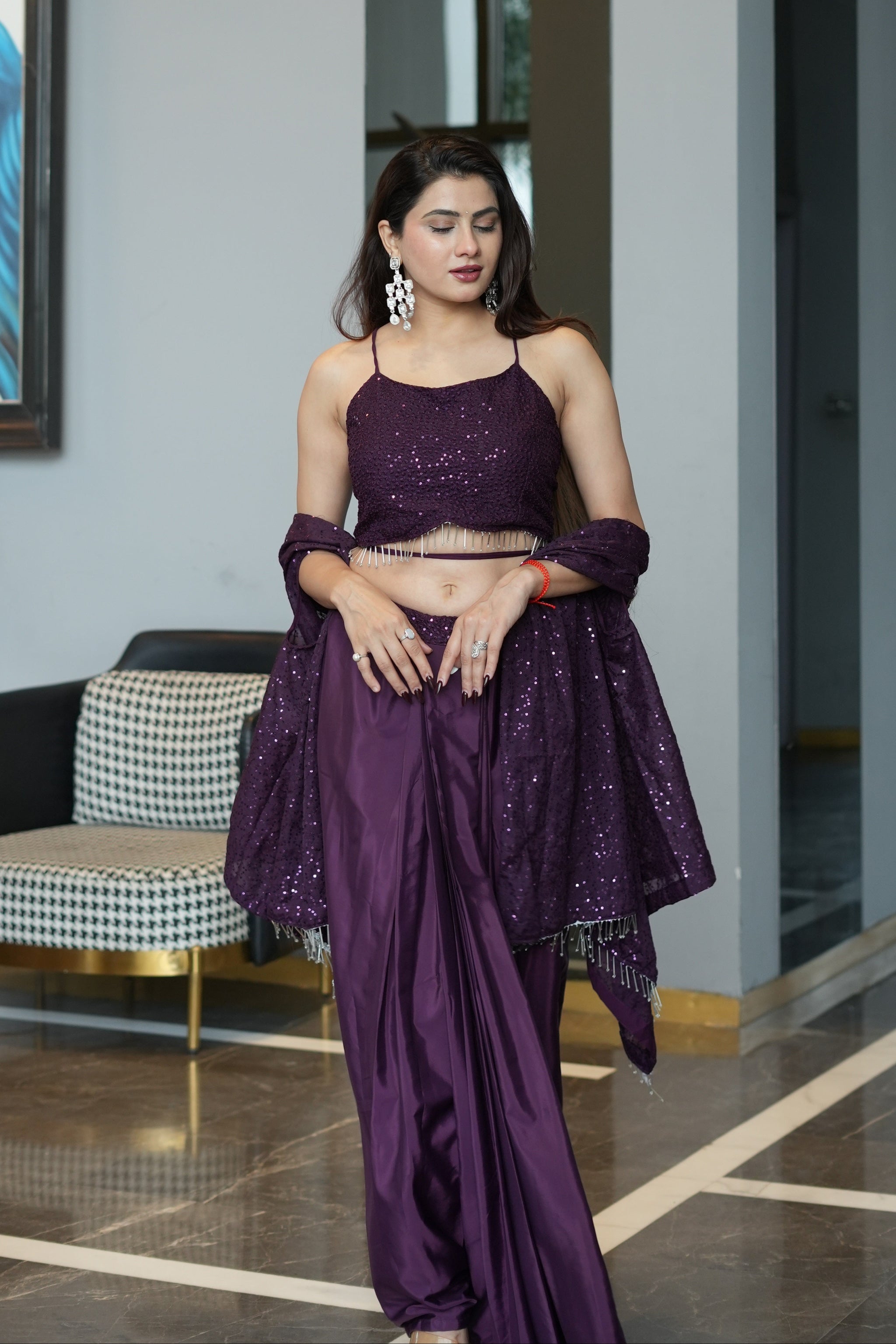 Diksha Pawar Wine Colour Indowestern Dhoti Suit With Shrug