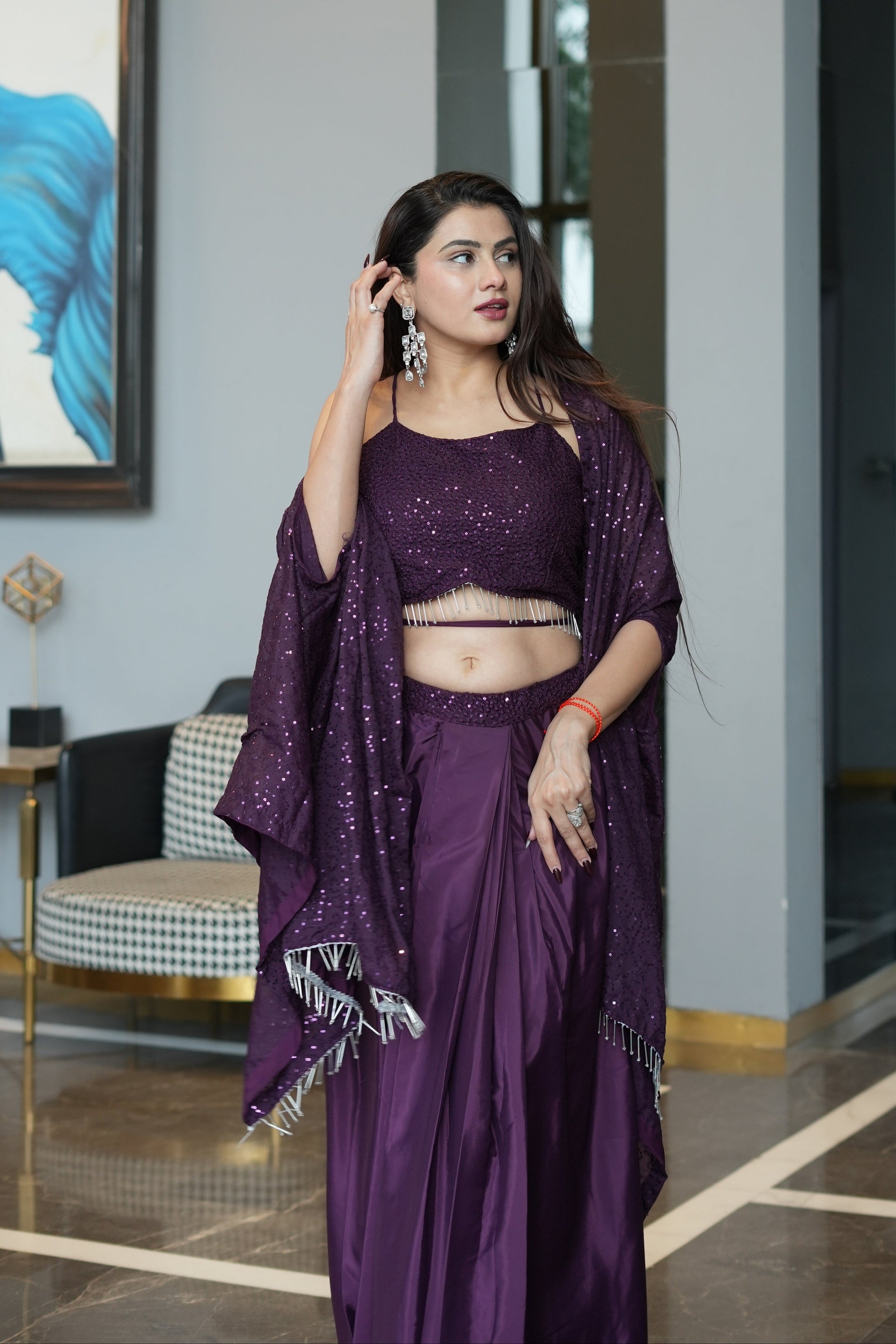 Diksha Pawar Wine Colour Indowestern Dhoti Suit With Shrug
