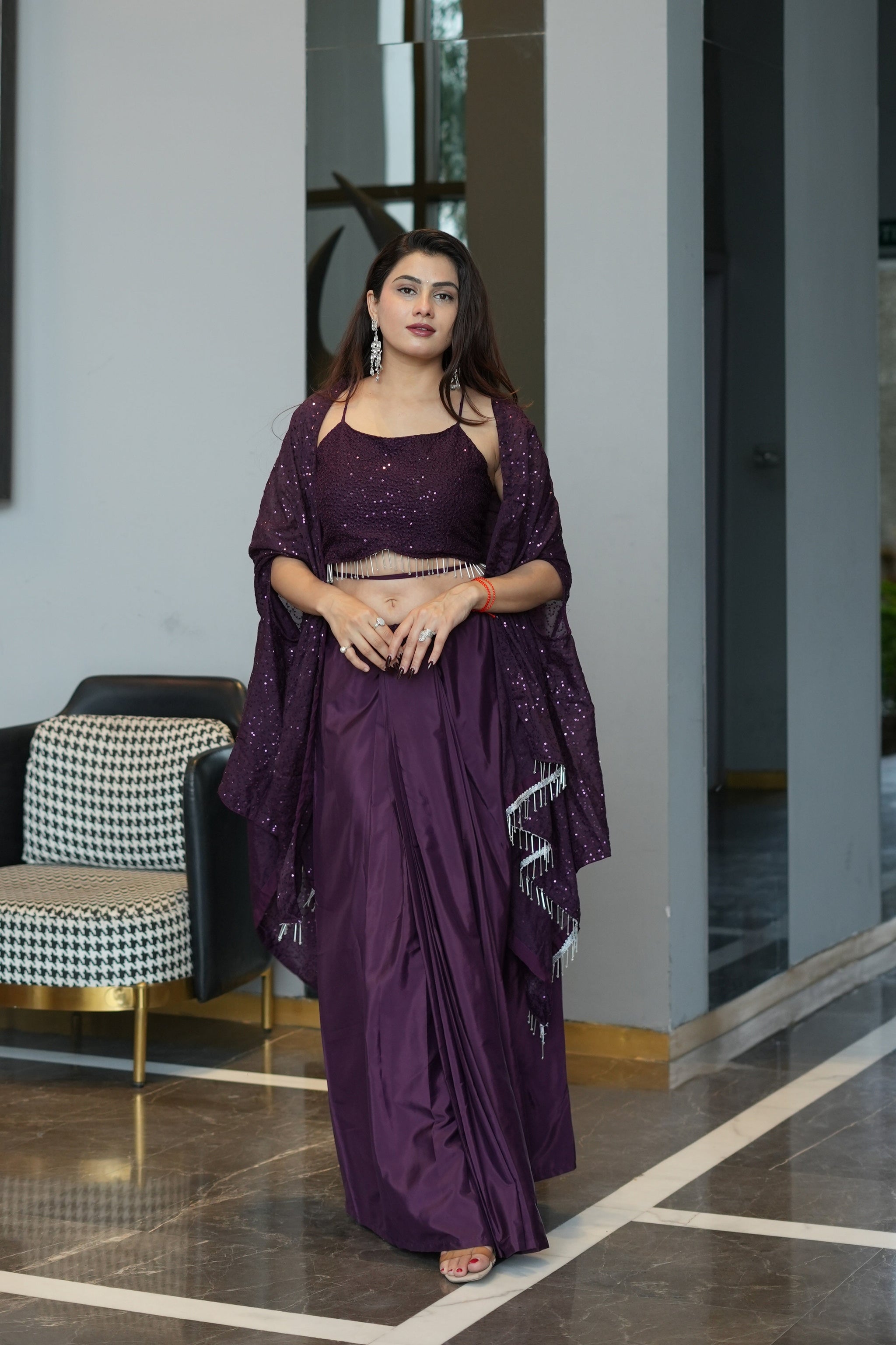 Diksha Pawar Wine Colour Indowestern Dhoti Suit With Shrug
