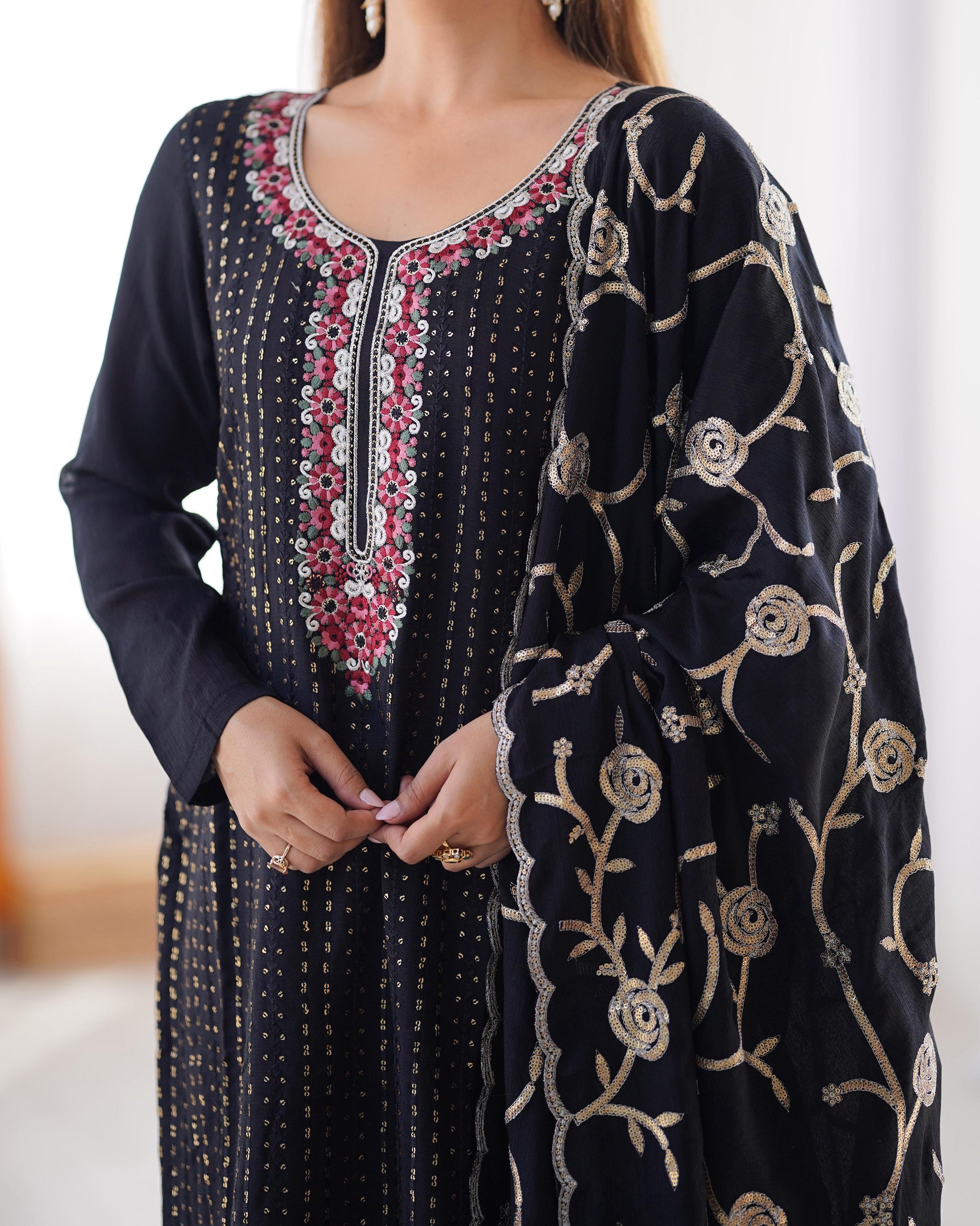 Black Color Chinon Silk Three Piece Kurti Suit