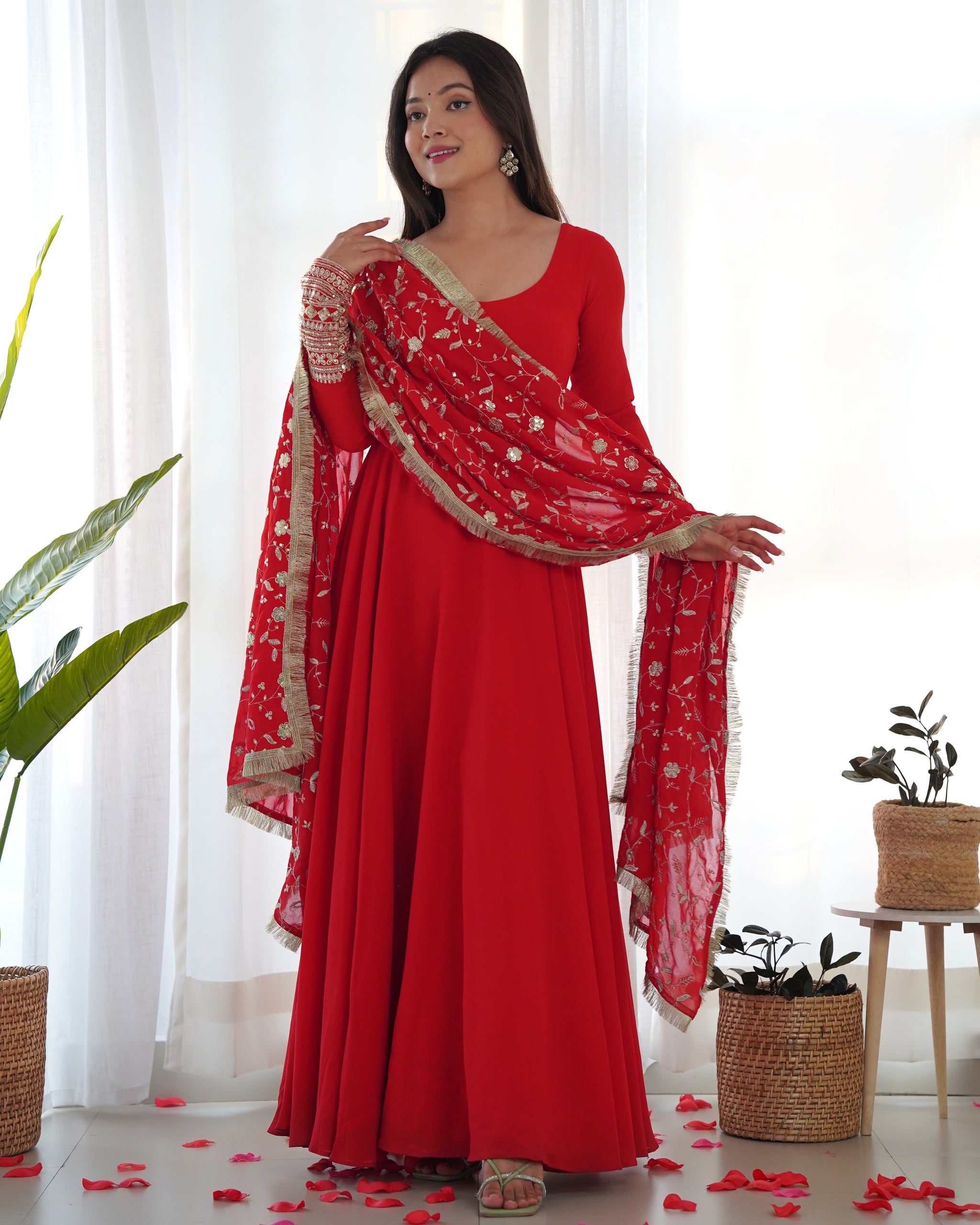 Beautiful Red Color Georgette Gown With Embroidery Sequence
