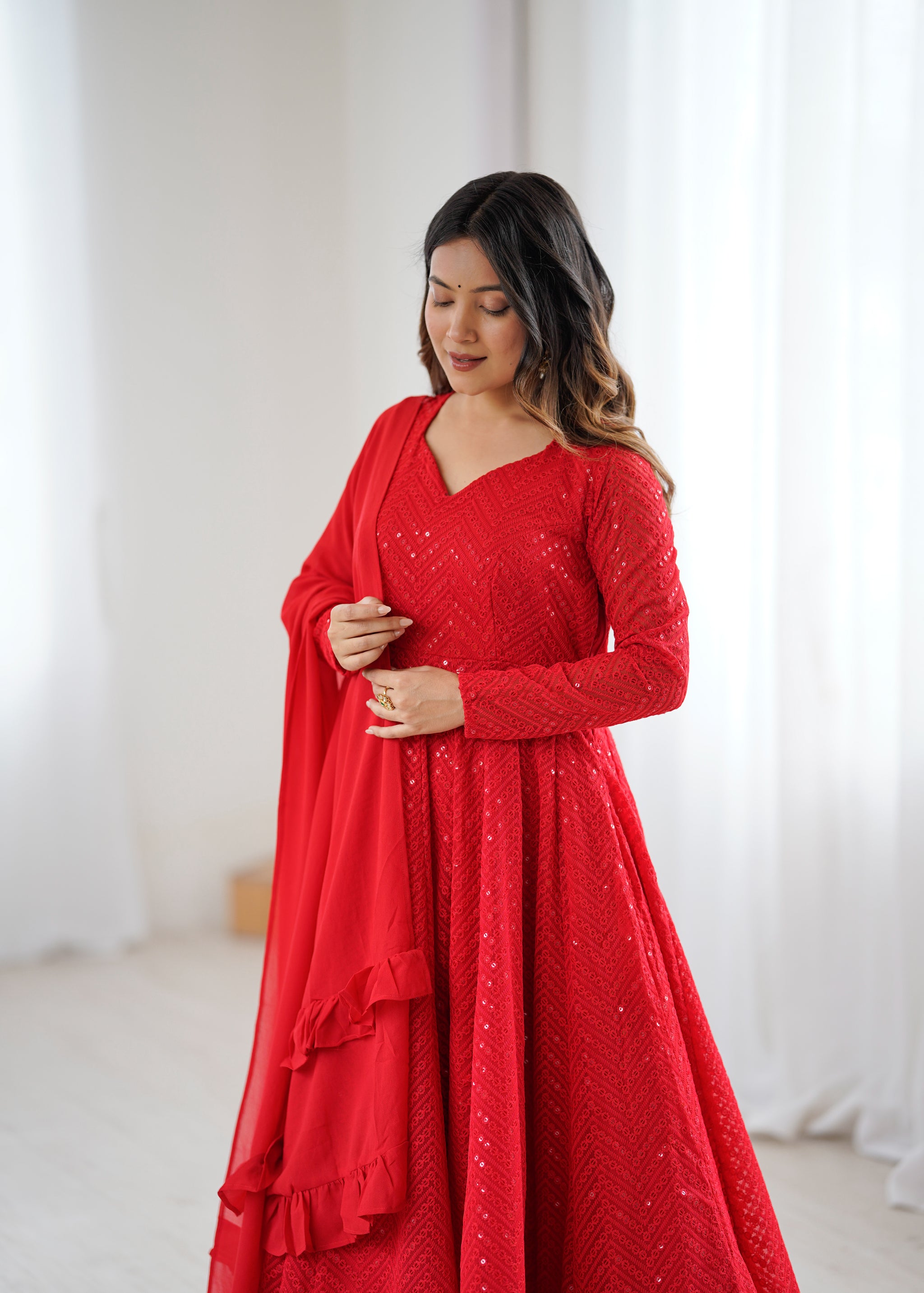 Red Color Georgette Lucknowi Three Piece Anarkali Suit (Copy)