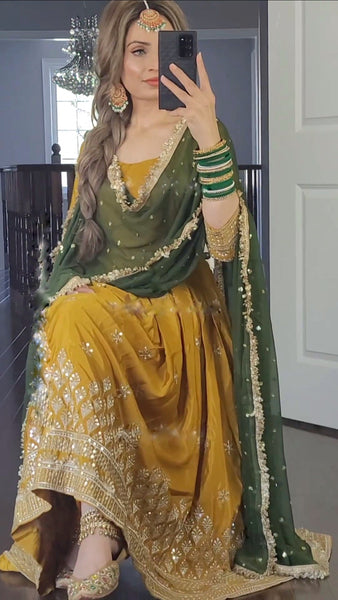 Mustered Color Anarkali Gown With Green Dupatta – subhvastra