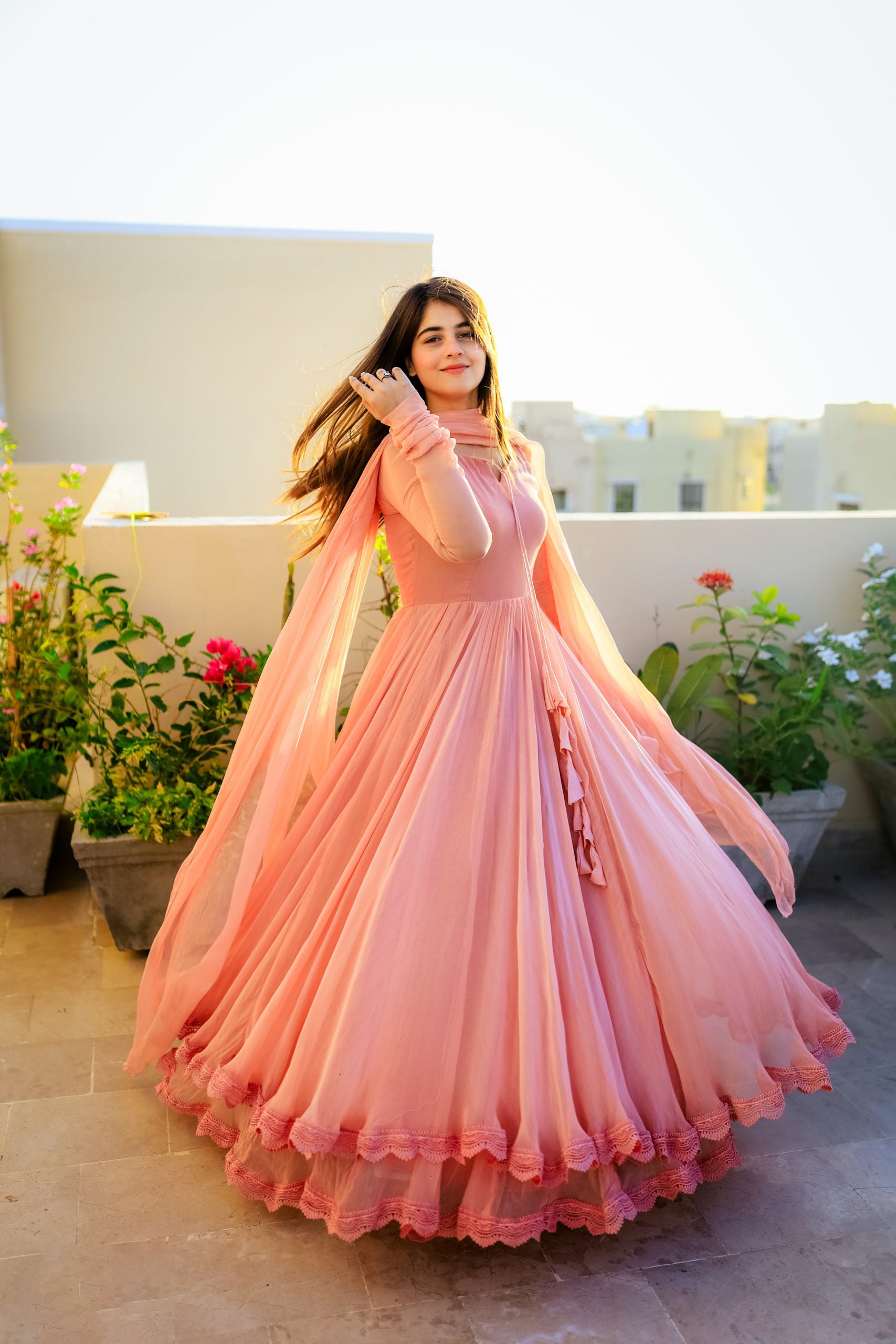 Solid Peach Long Flair Double Layered Anarkali With Dupatta