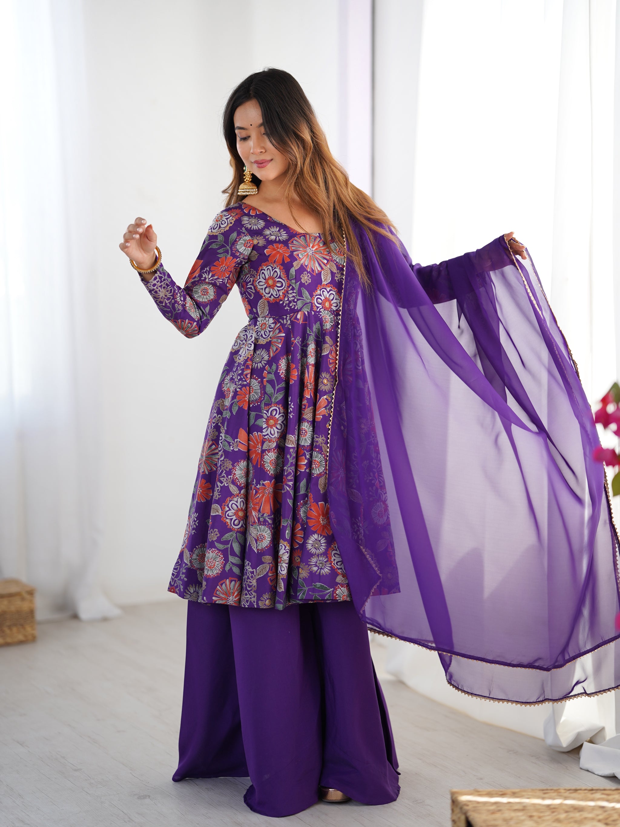 Purple Color Roman Silk Discharge Printed Plazzo Suit