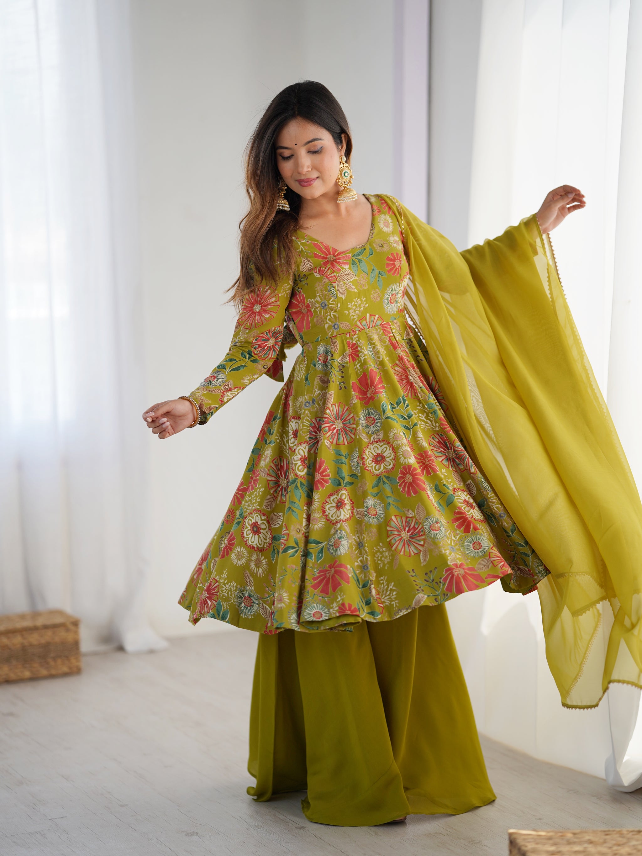 Mehndi Color Roman Silk Discharge Printed Plazzo Suit (Copy)
