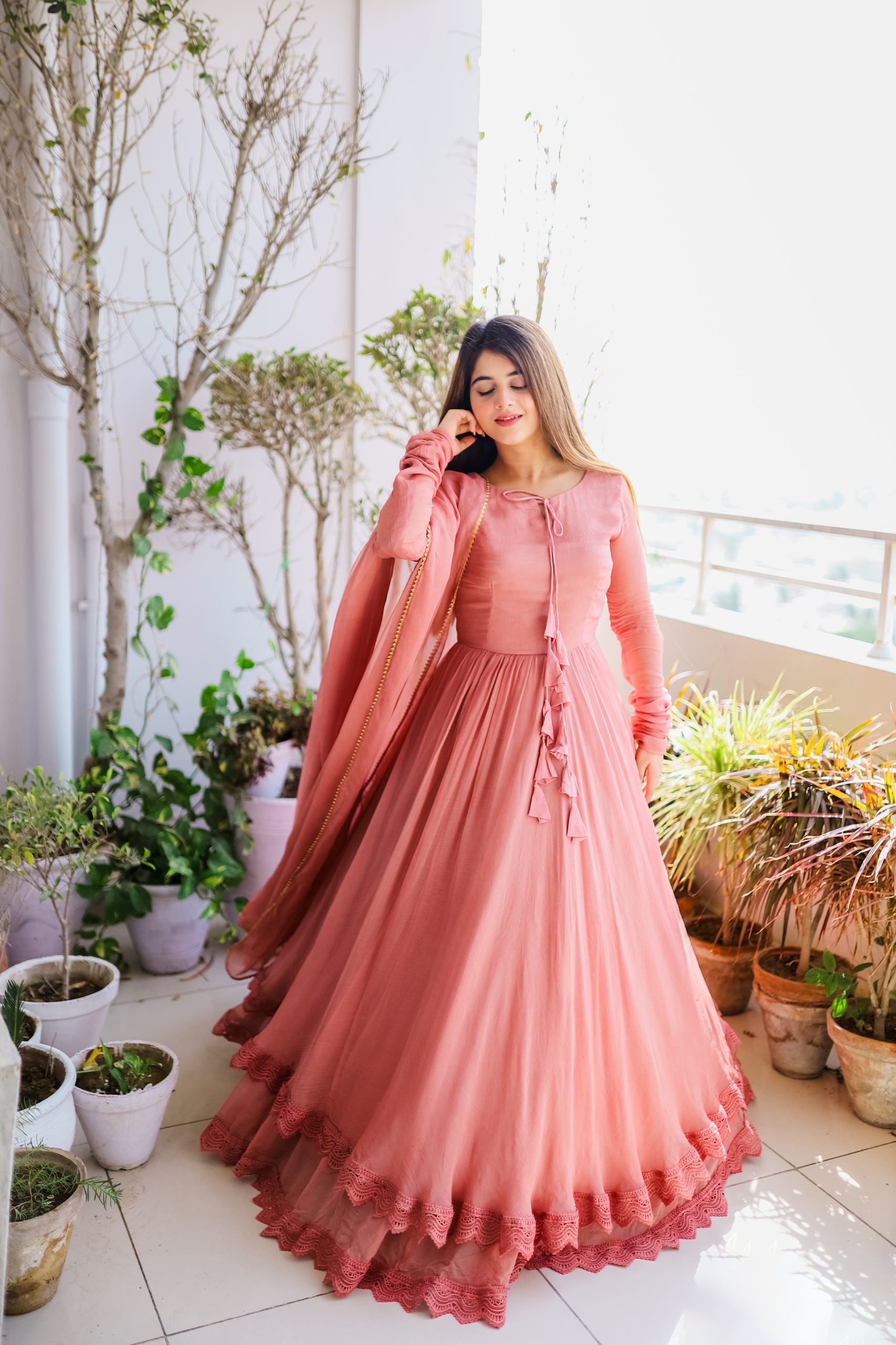 Solid Long Flair Double Layered Anarkali With Dupatta