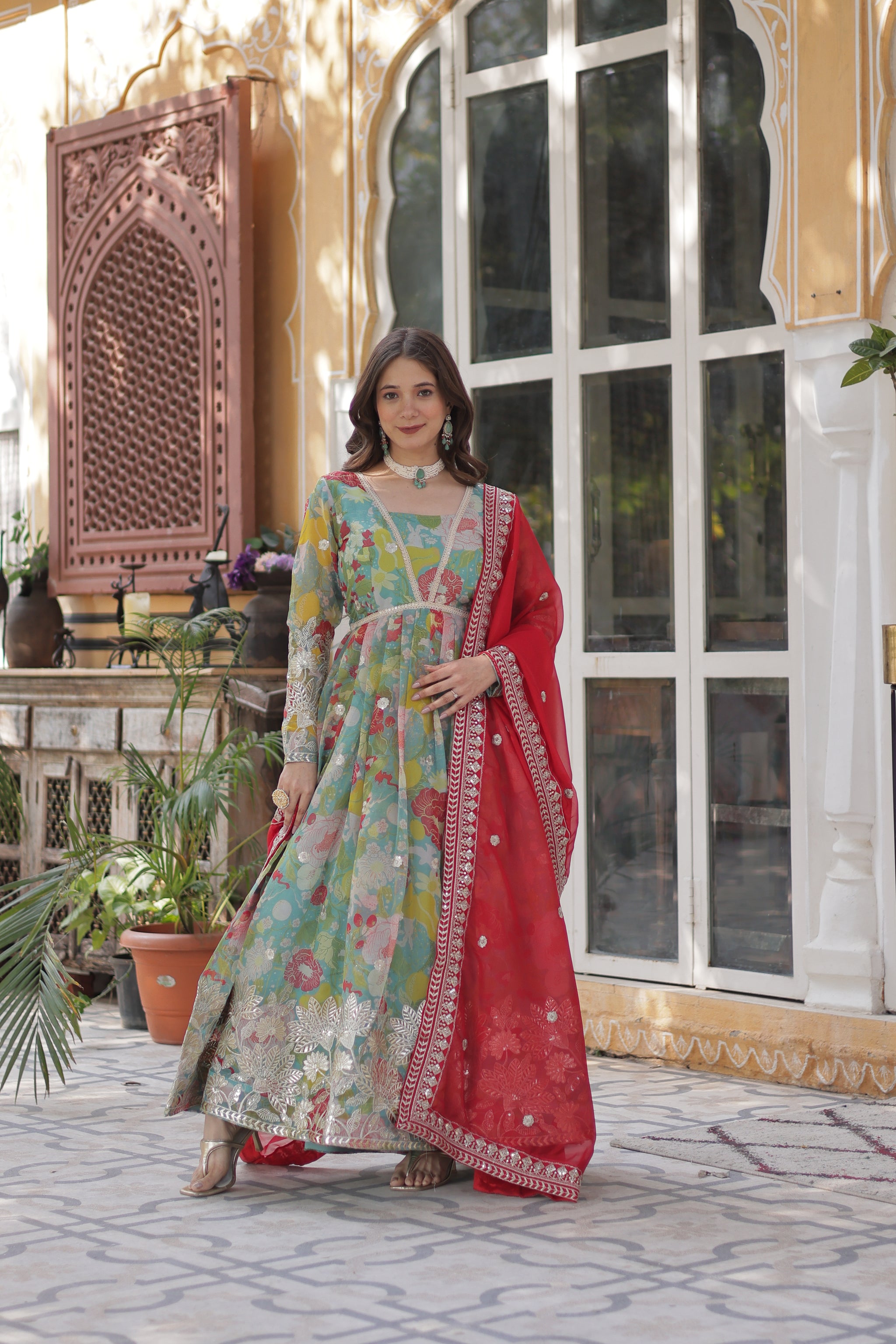 Lime Green Color Alia Cut Embroidered Gown With Dupatta