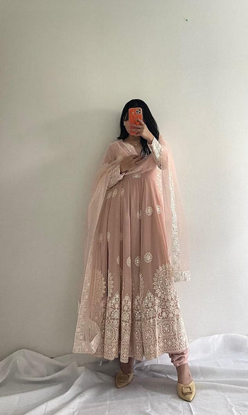 Peach Digital Printed Embroidered Chinnon Silk Anarkali Gown