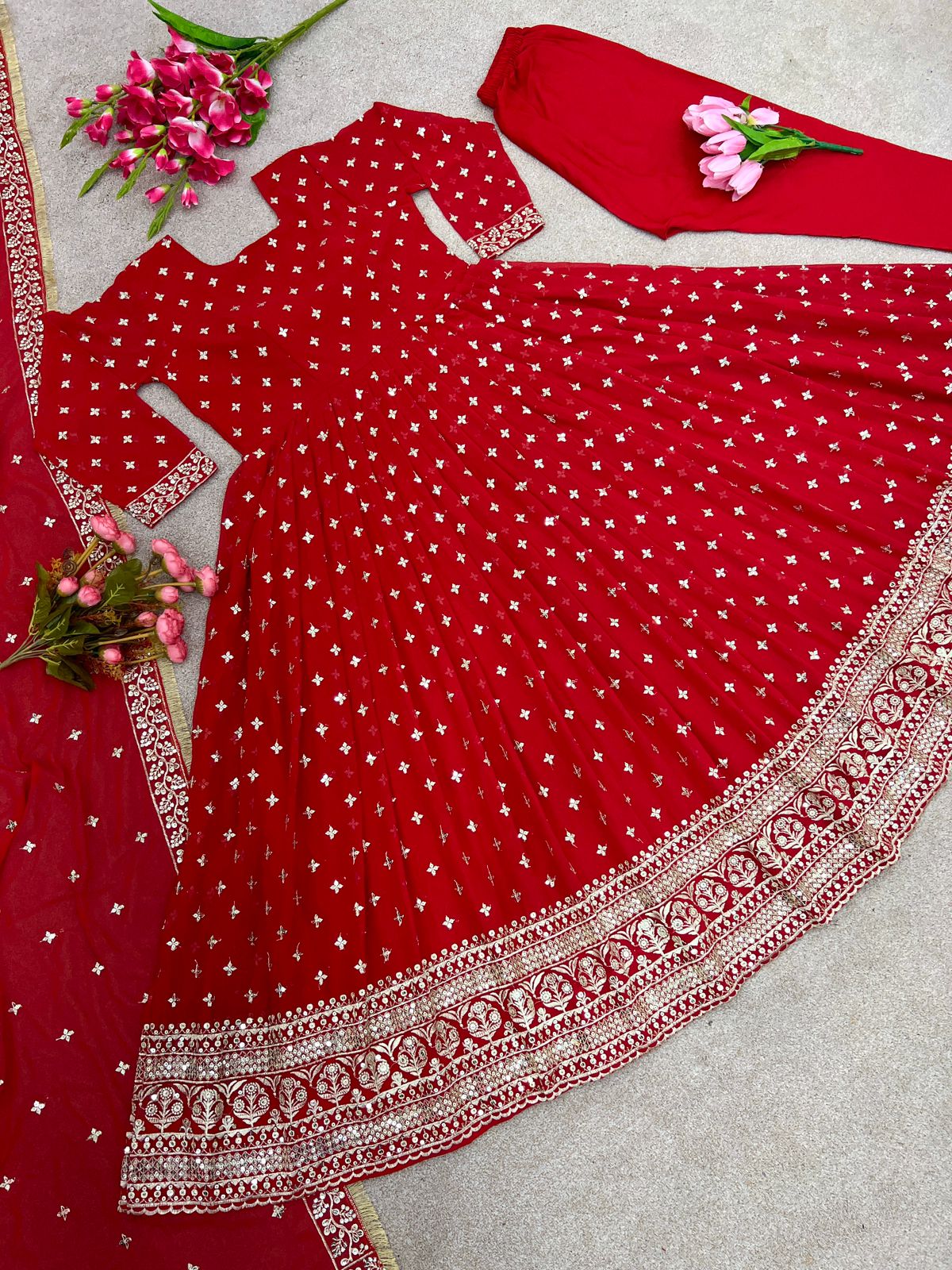 Outstanding Red Color Sequence Work Anarkali Gown