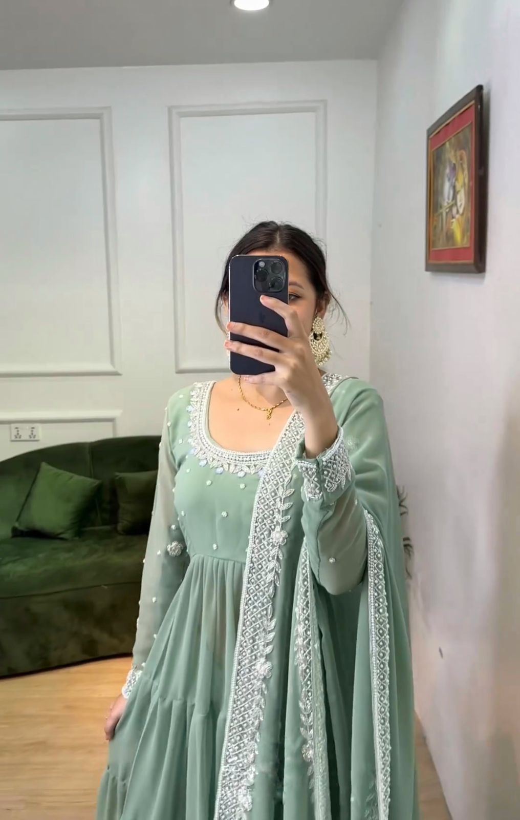 Ruffle Style Pista Green Color Anarkali Gown