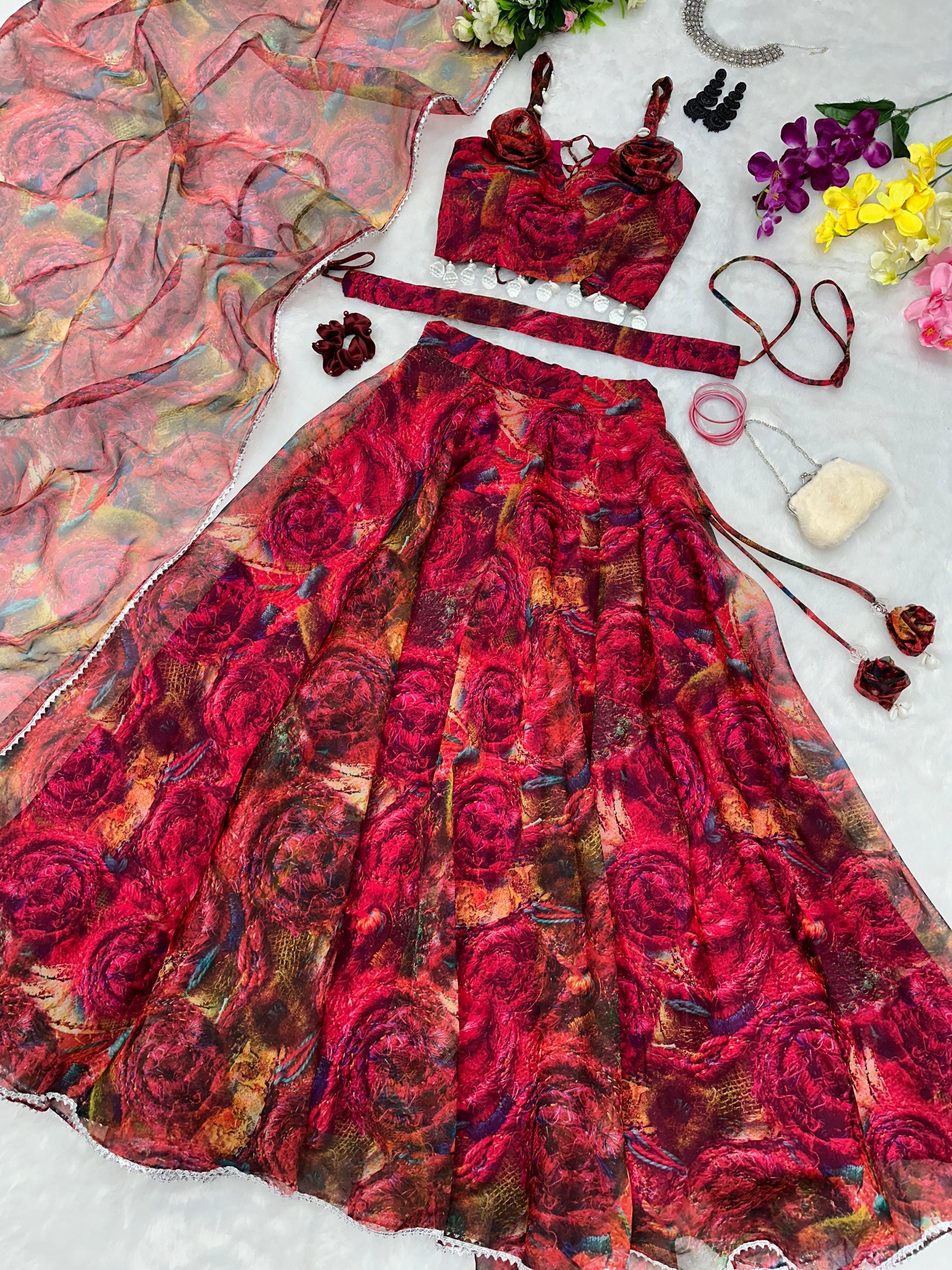Unique Printed With Work Red Lehenga Choli