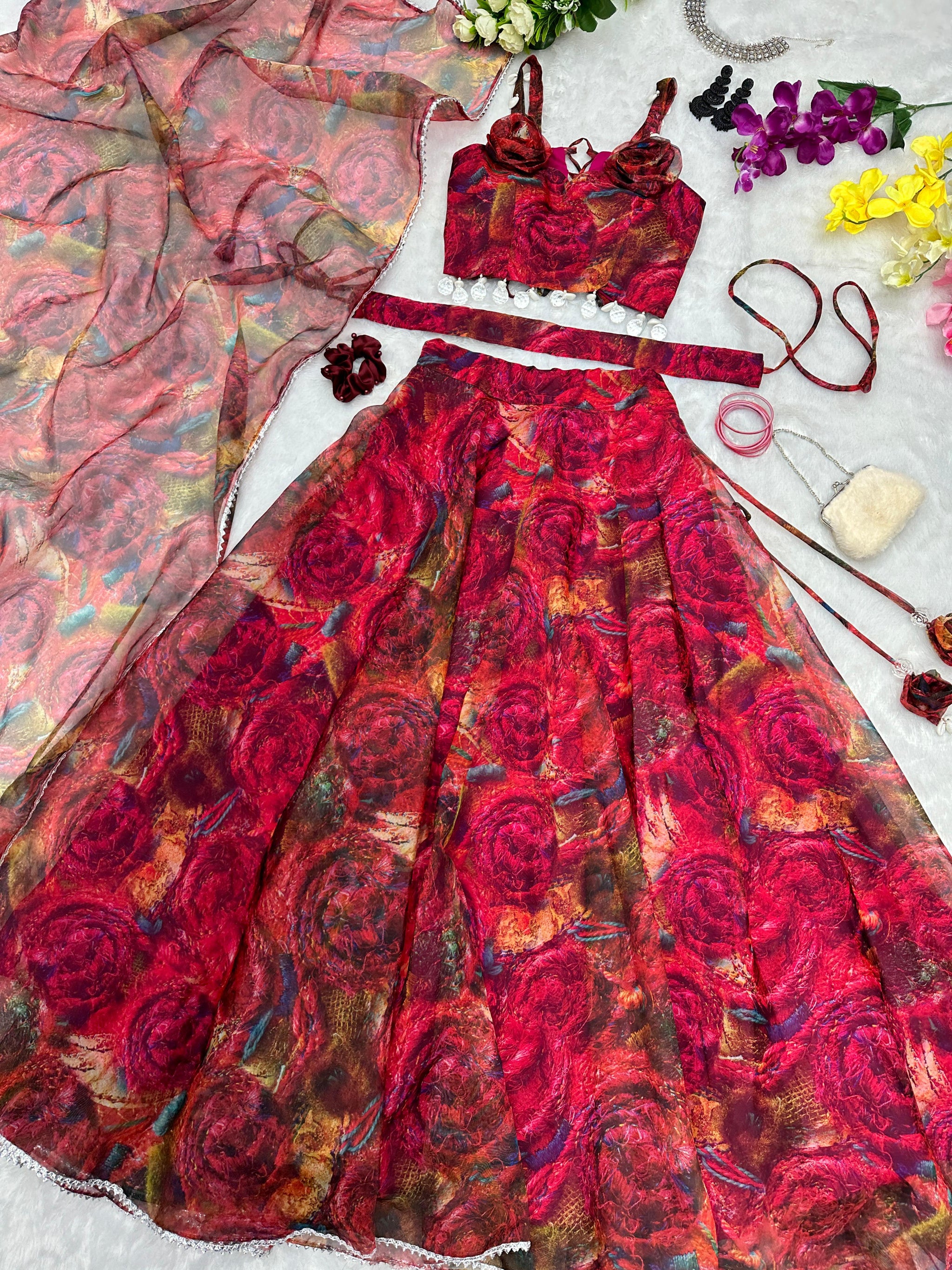 Unique Printed With Work Red Lehenga Choli