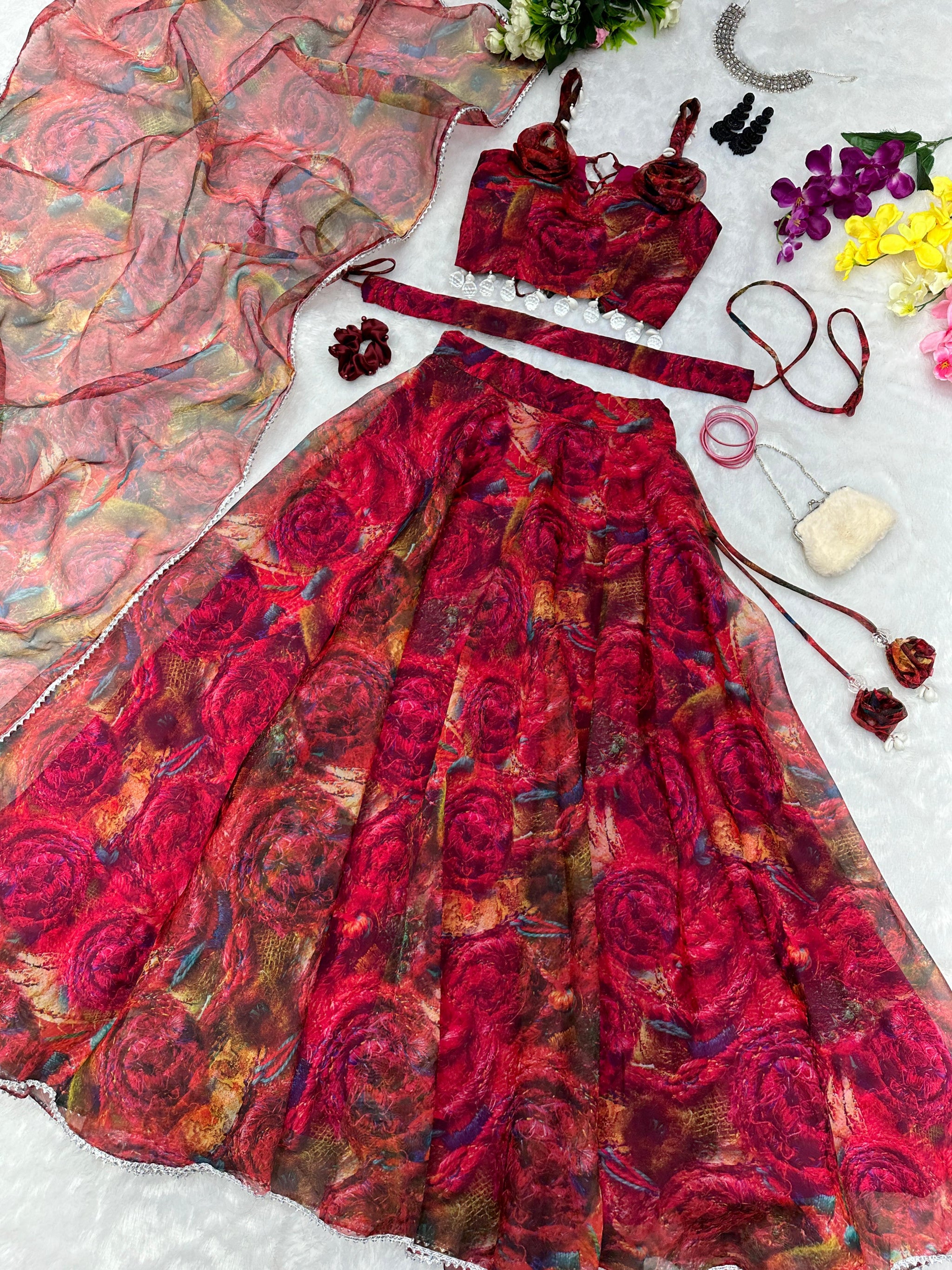 Unique Printed With Work Red Lehenga Choli