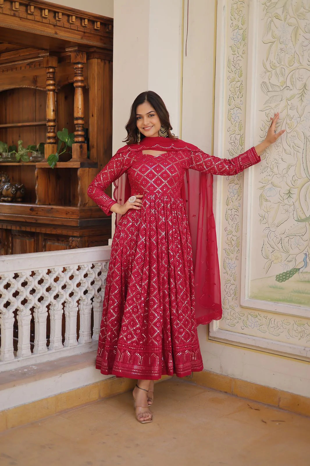 Attractive Pink Color Heavy Embroidered Work Gown With Dupatta