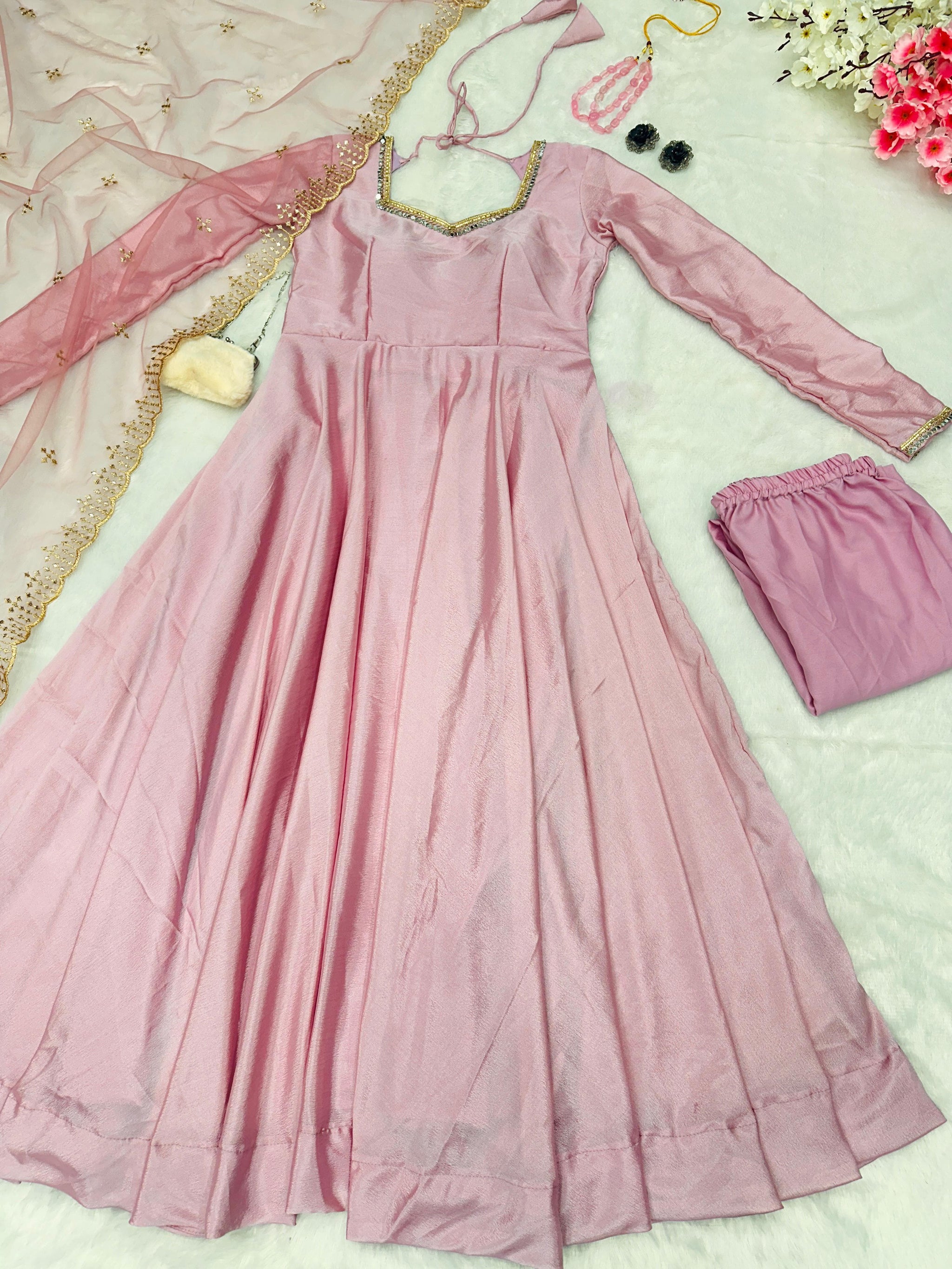 Delightful Light Pink Anarkali Gown With Net Dupatta