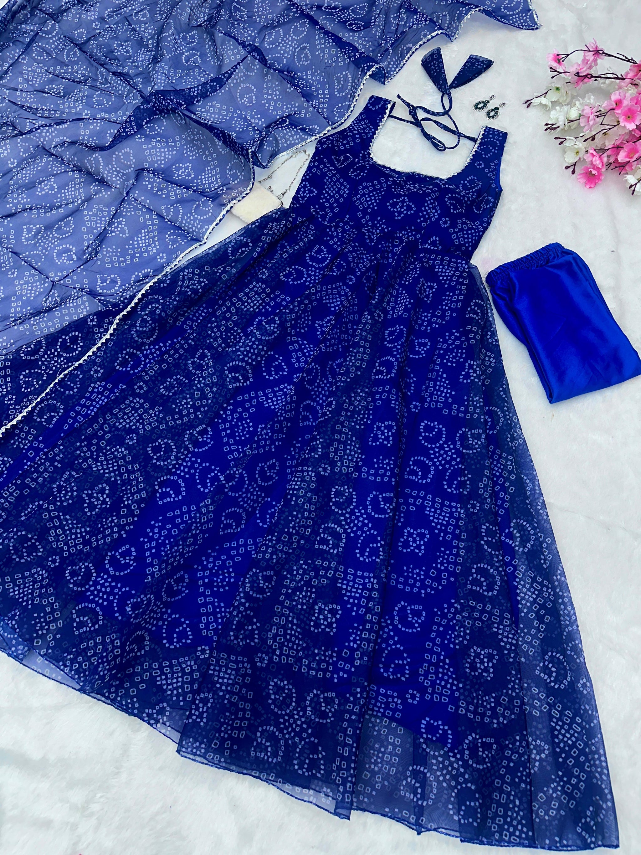 Blue color Digital printed organza silk Anarkali suit Set