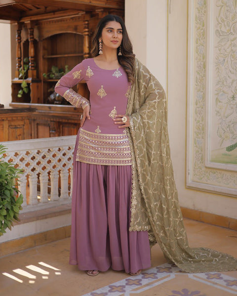 Onion Pink Roman Silk Embroidered Plazzo Suit main image 1