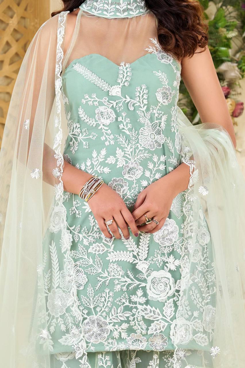 Mint Green Party Wear Halter Neck Kurta And Plazzo Set Dupatta In Butterfly Net With Sequence Embroidery Work
