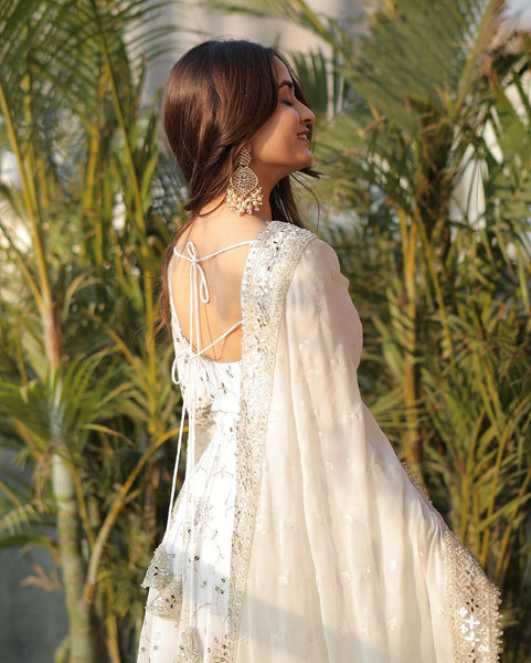 Women's White Fully Stiched  Georgette Embroidered Anarkali  Gown