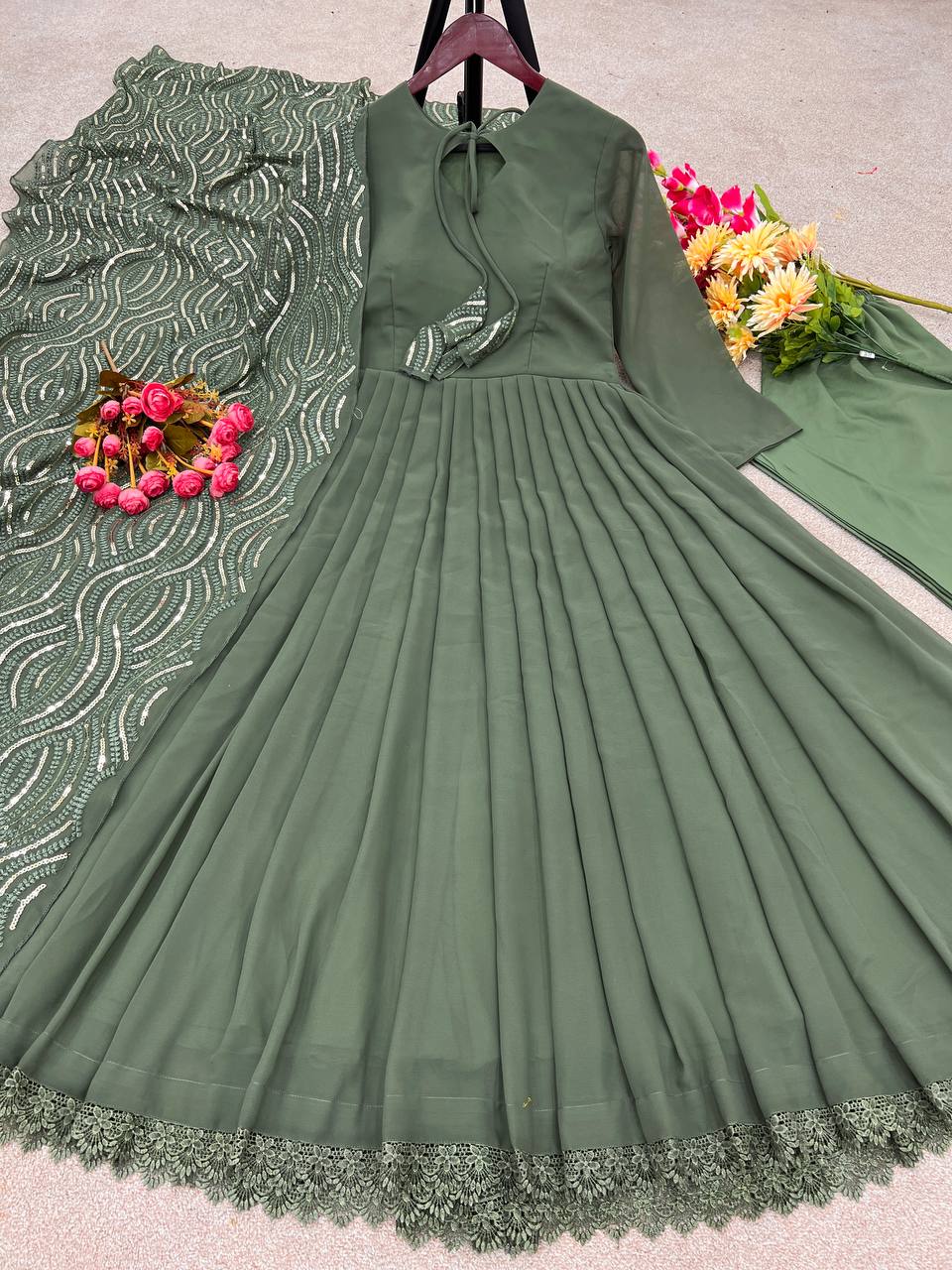 Mehndi Color Plain Gown With Heavy Dupatta