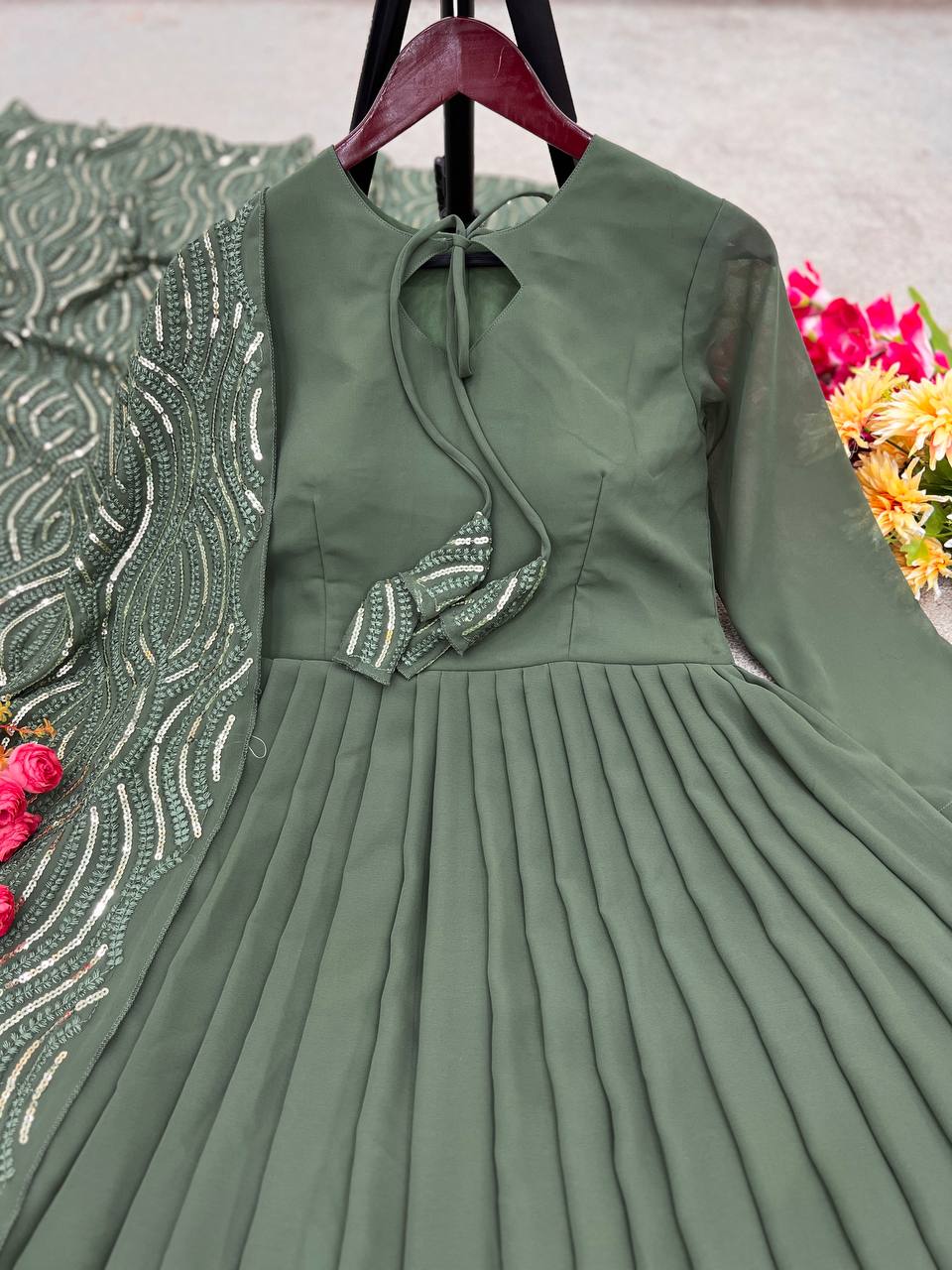 Ceremony Wear Mehndi Color Gown With Work Dupatta