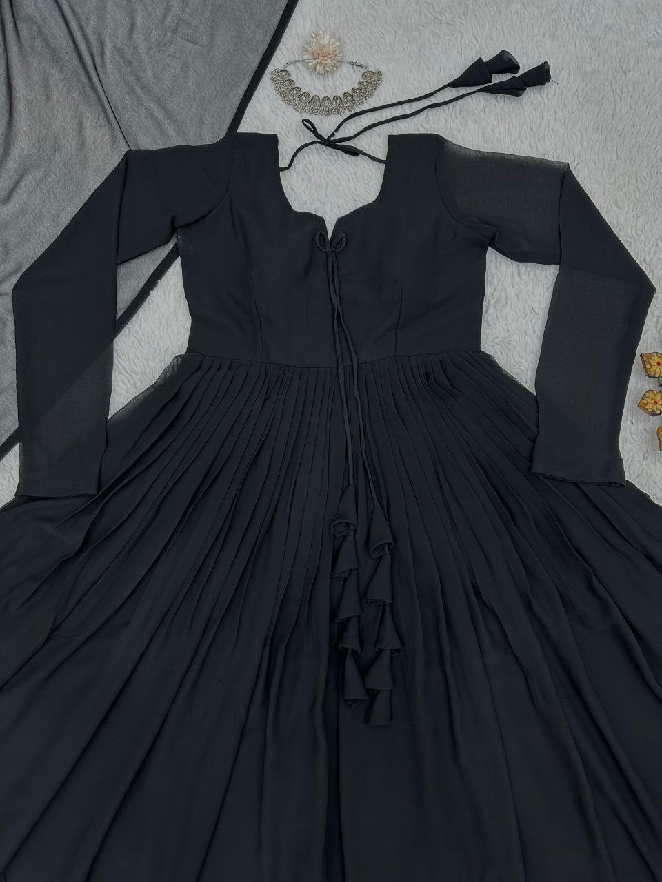 Demanding Black Color Lace Work Long Anarkali Gown