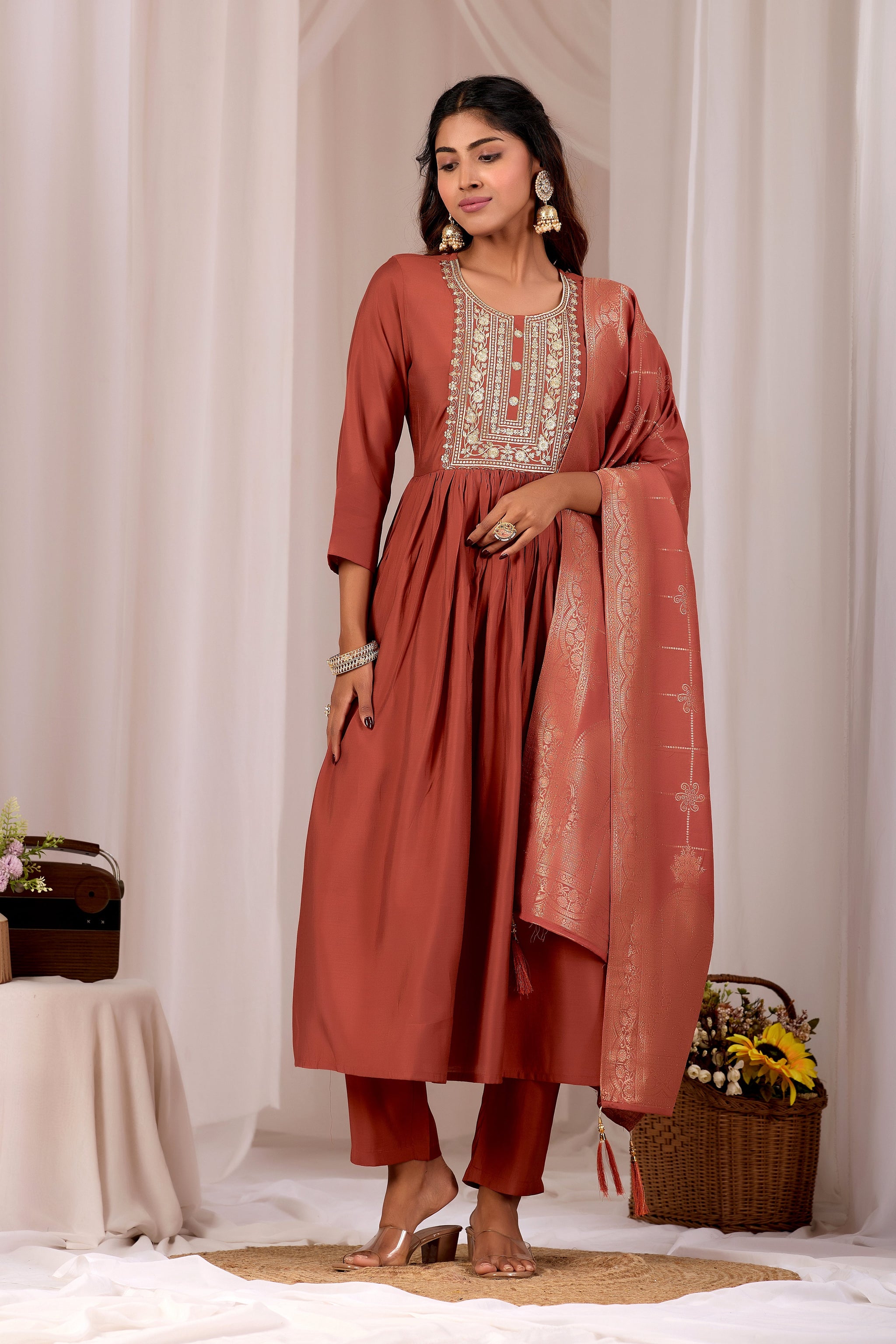 Rust Embroidery Neck Design Cotton Anarkali Suit Set for Women With Jacquard Dupatta