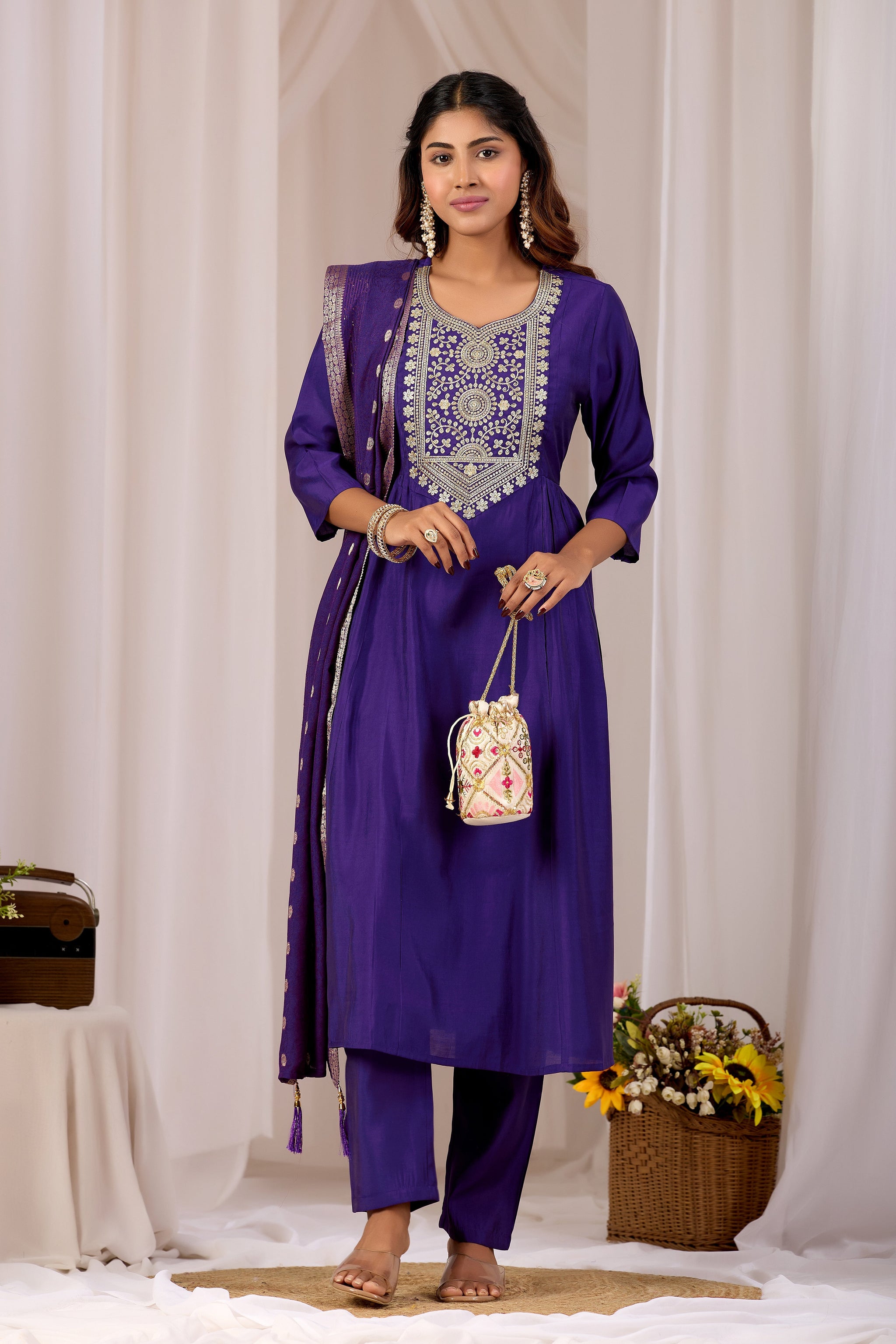 Royal Blue Embroidery Neck Design Cotton A-Line Kurta Set for Women With Dupatta