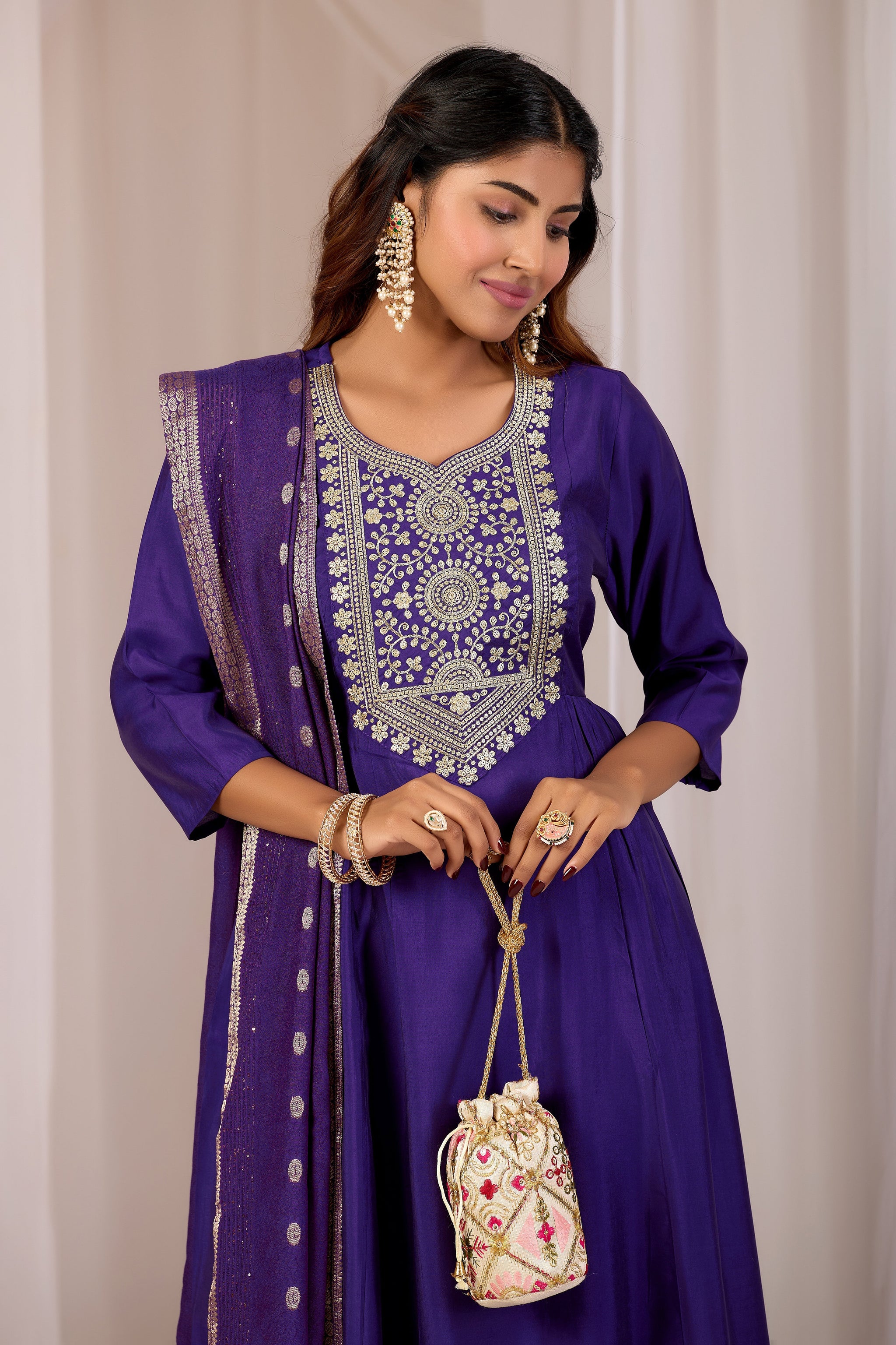 Royal Blue Embroidery Neck Design Cotton A-Line Kurta Set for Women With Dupatta