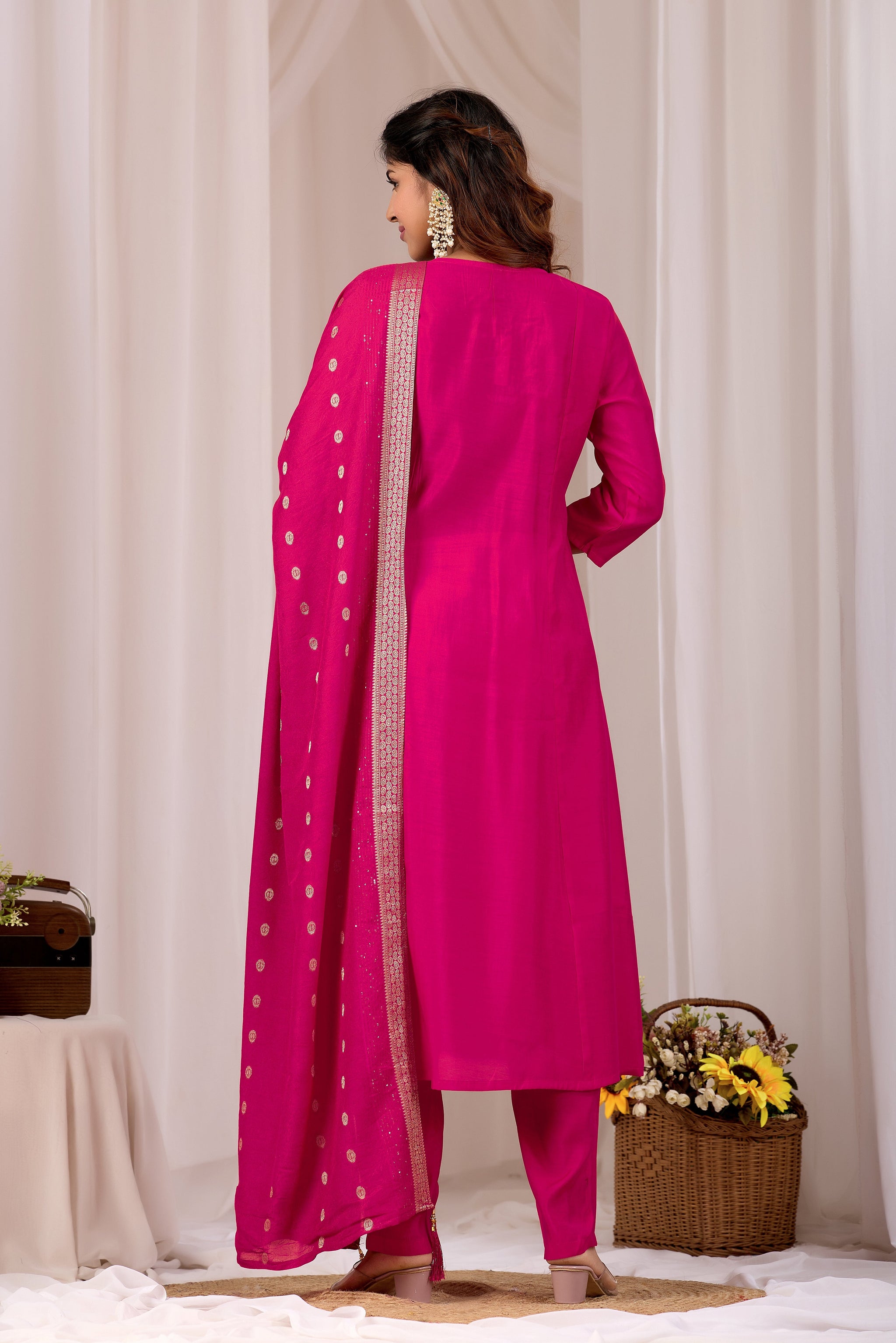 Rani Pink Embroidery Cotton A-Line Kurta Set for Women With Dupatta