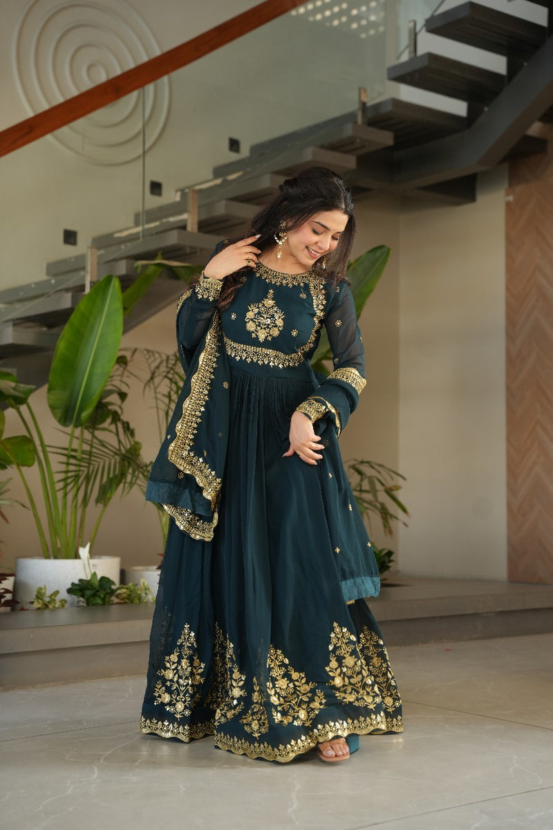 Heavy Designer Gown in Bottle Green Georgette With Sequence Embroidery Work