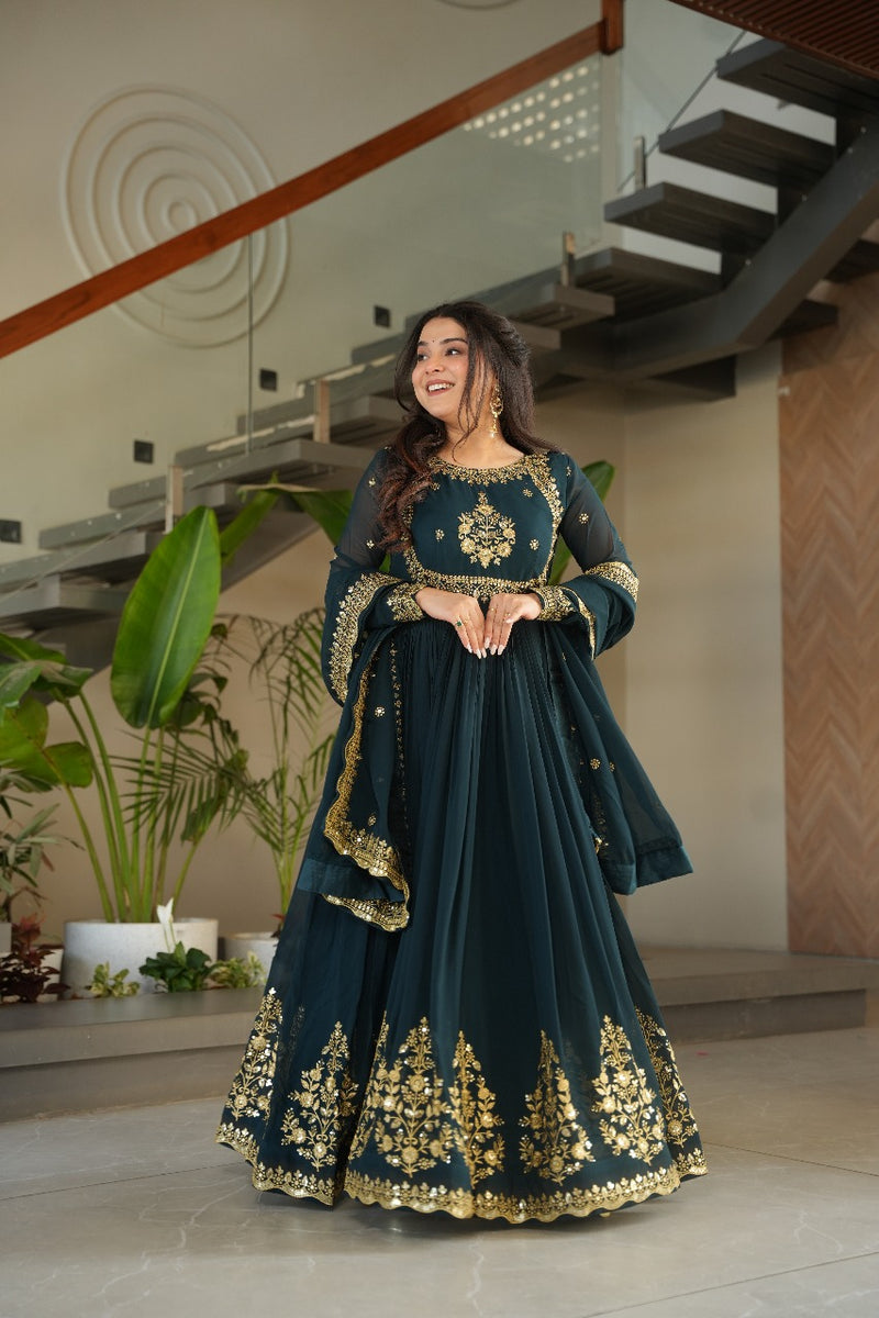 Heavy Designer Gown in Bottle Green Georgette With Sequence Embroidery Work