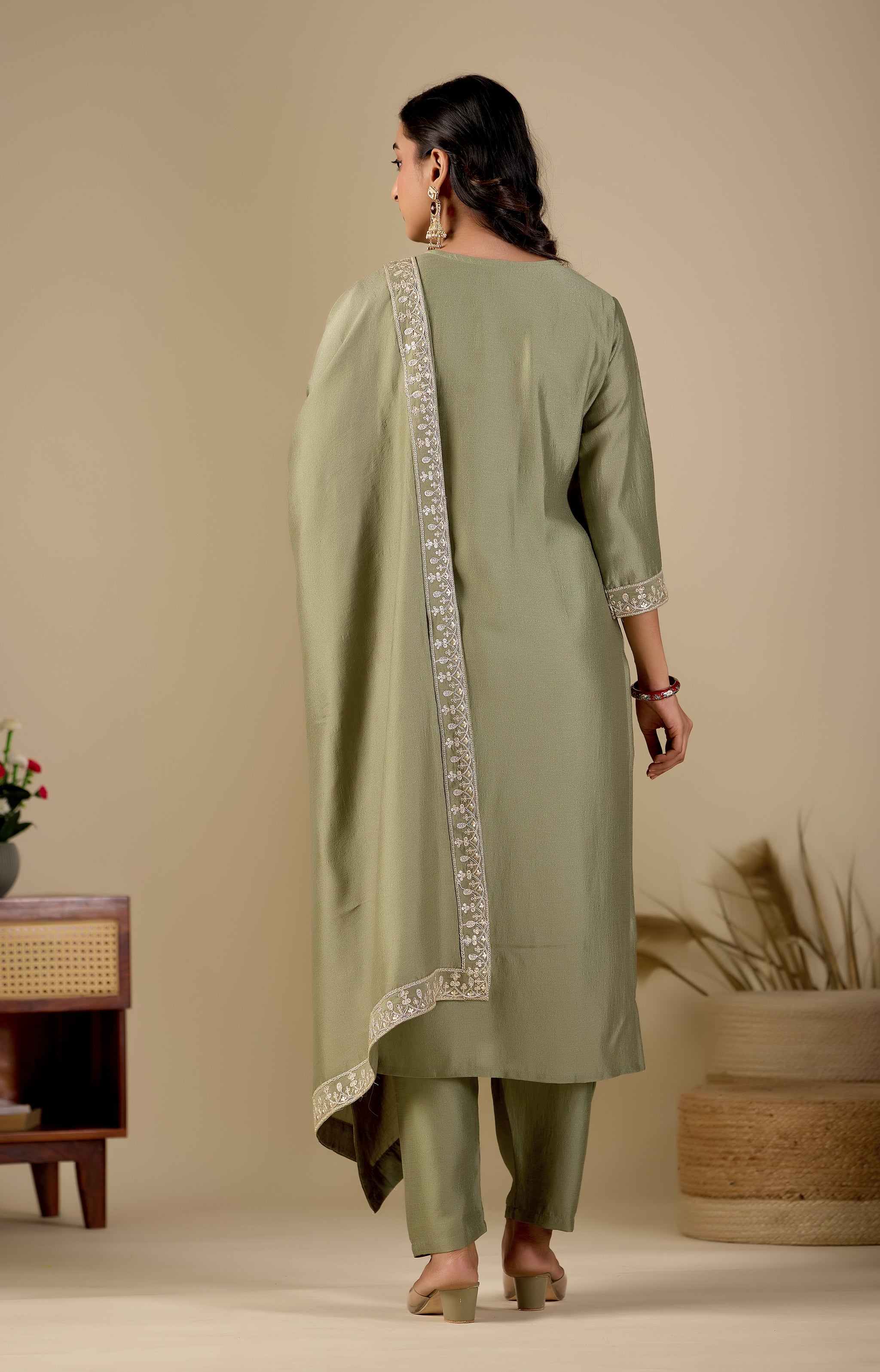 Sage Green Straight Embroidered Yoke Kurta Pant Set with Dupatta