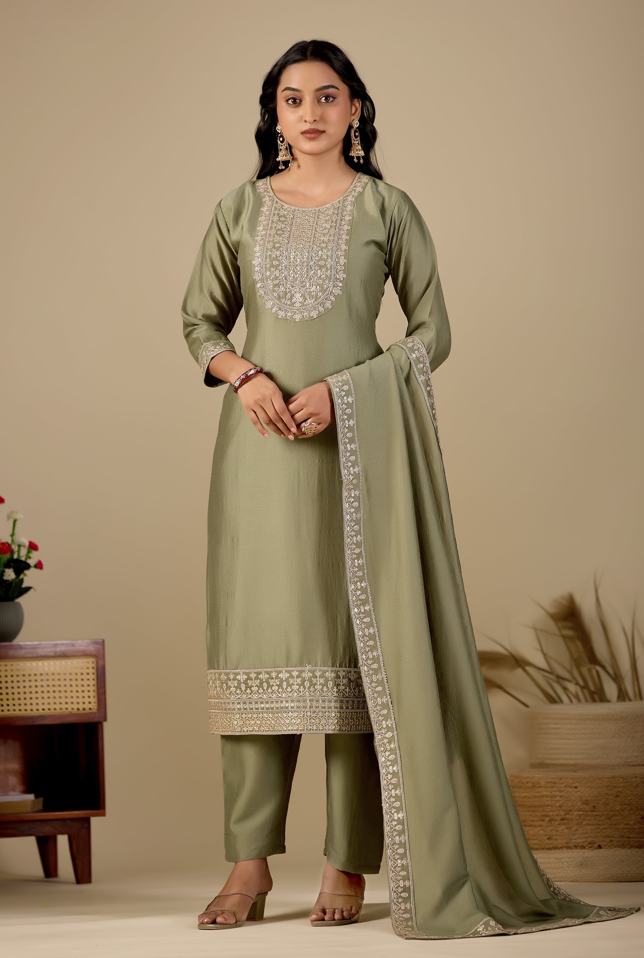 Sage Green Straight Embroidered Yoke Kurta Pant Set with Dupatta