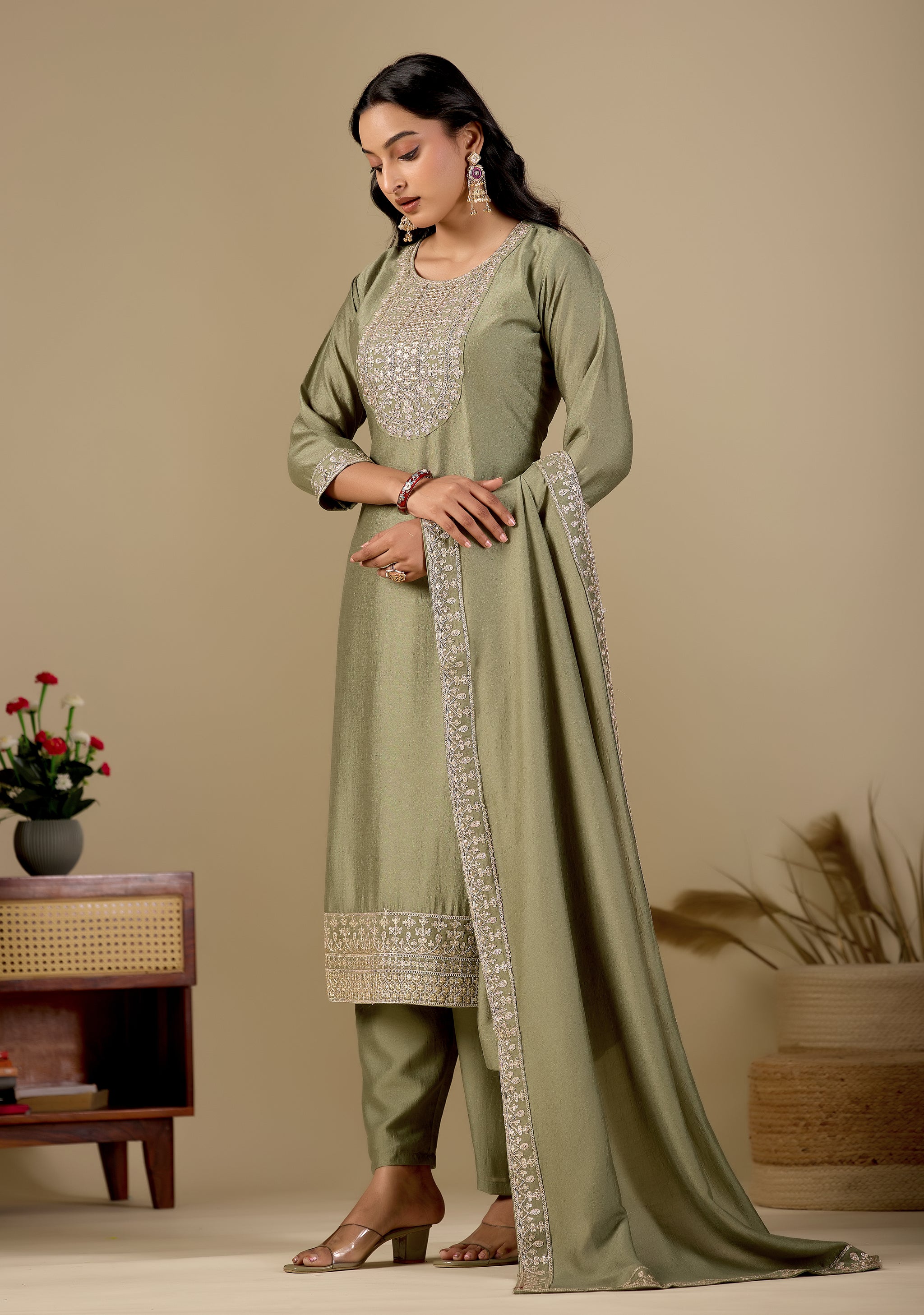 Sage Green Straight Embroidered Yoke Kurta Pant Set with Dupatta