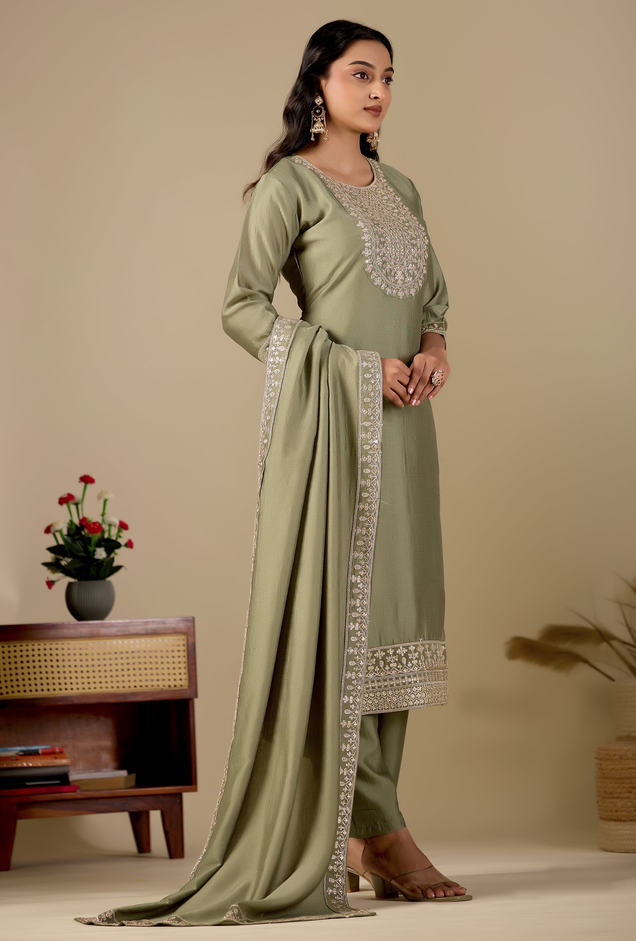 Sage Green Straight Embroidered Yoke Kurta Pant Set with Dupatta