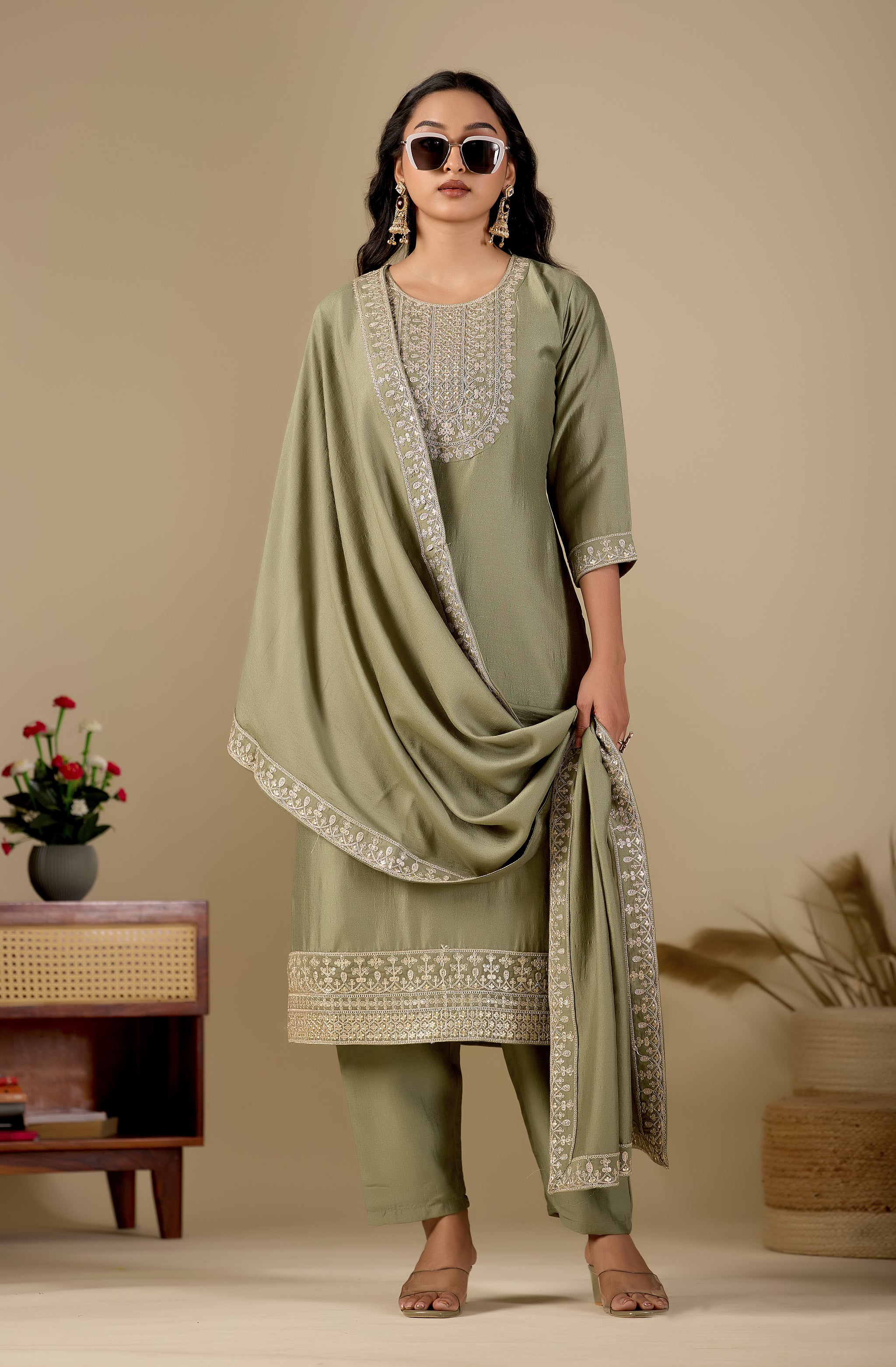 Sage Green Straight Embroidered Yoke Kurta Pant Set with Dupatta