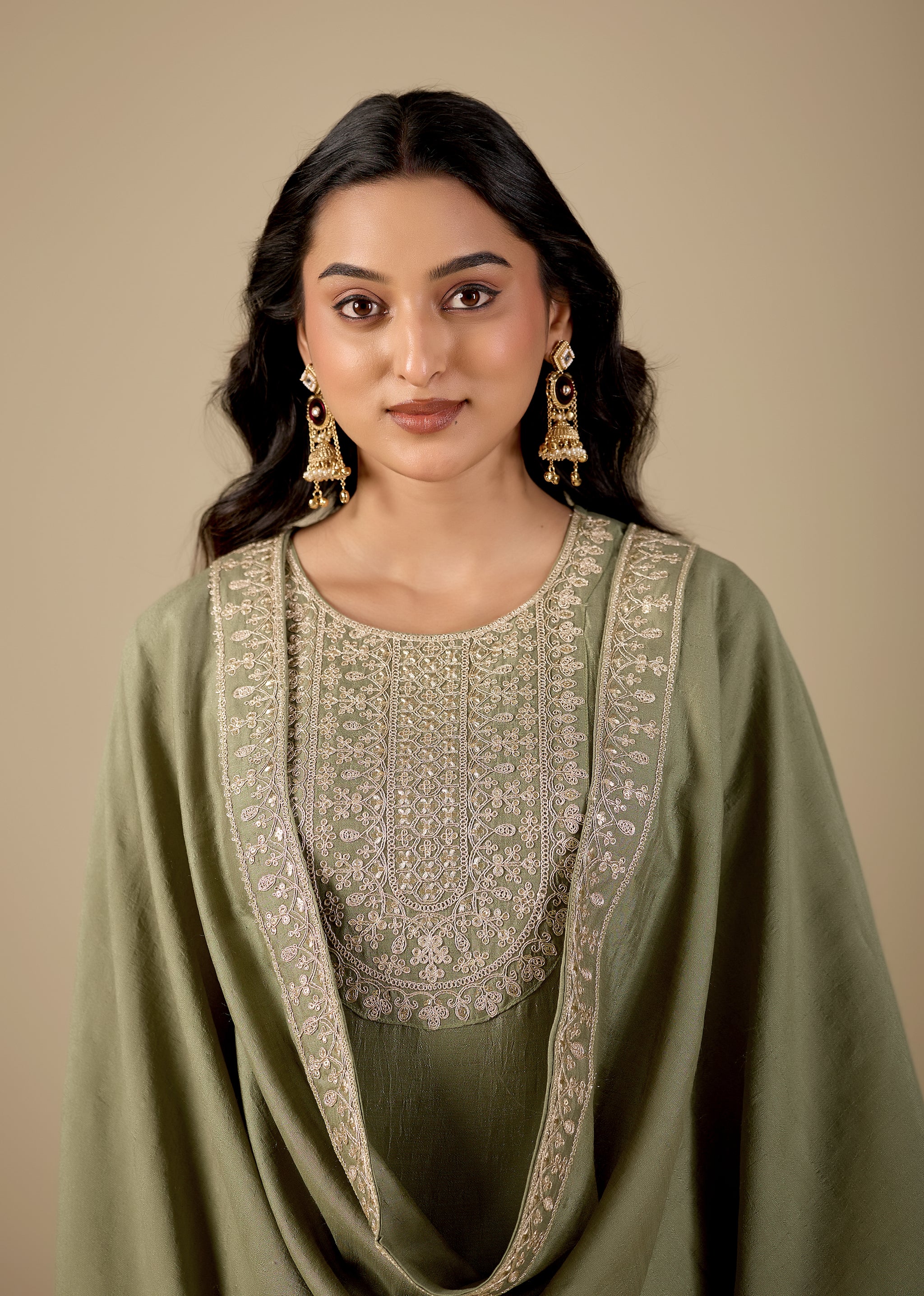 Sage Green Straight Embroidered Yoke Kurta Pant Set with Dupatta