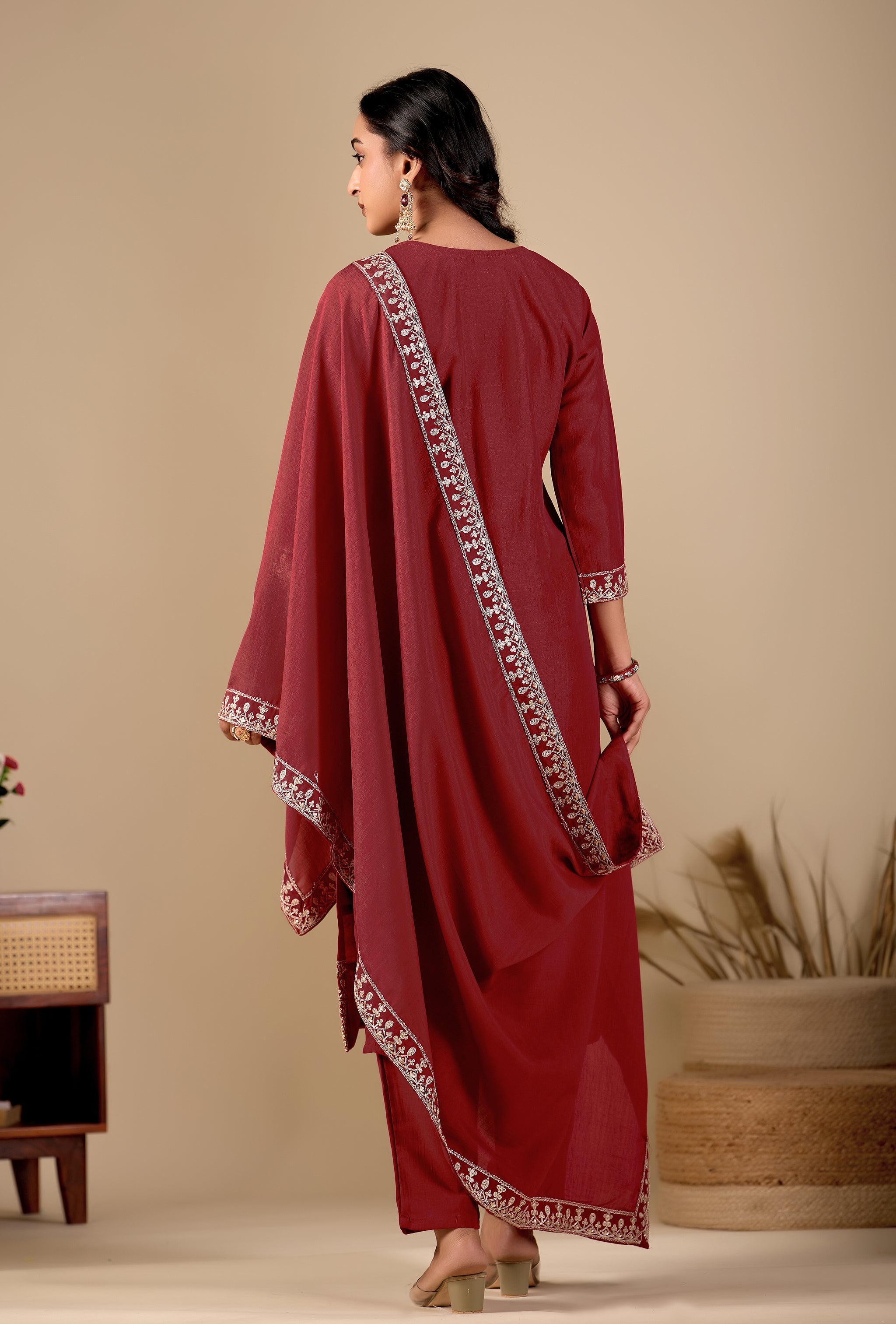 Maroon Embroidered Straight Kurta Suit Set with Pants & Dupatta