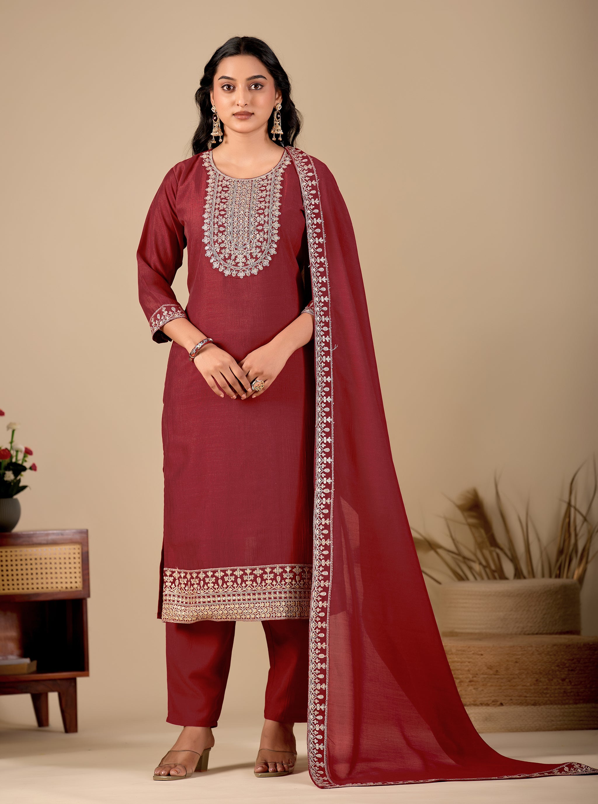 Maroon Embroidered Straight Kurta Suit Set with Pants & Dupatta
