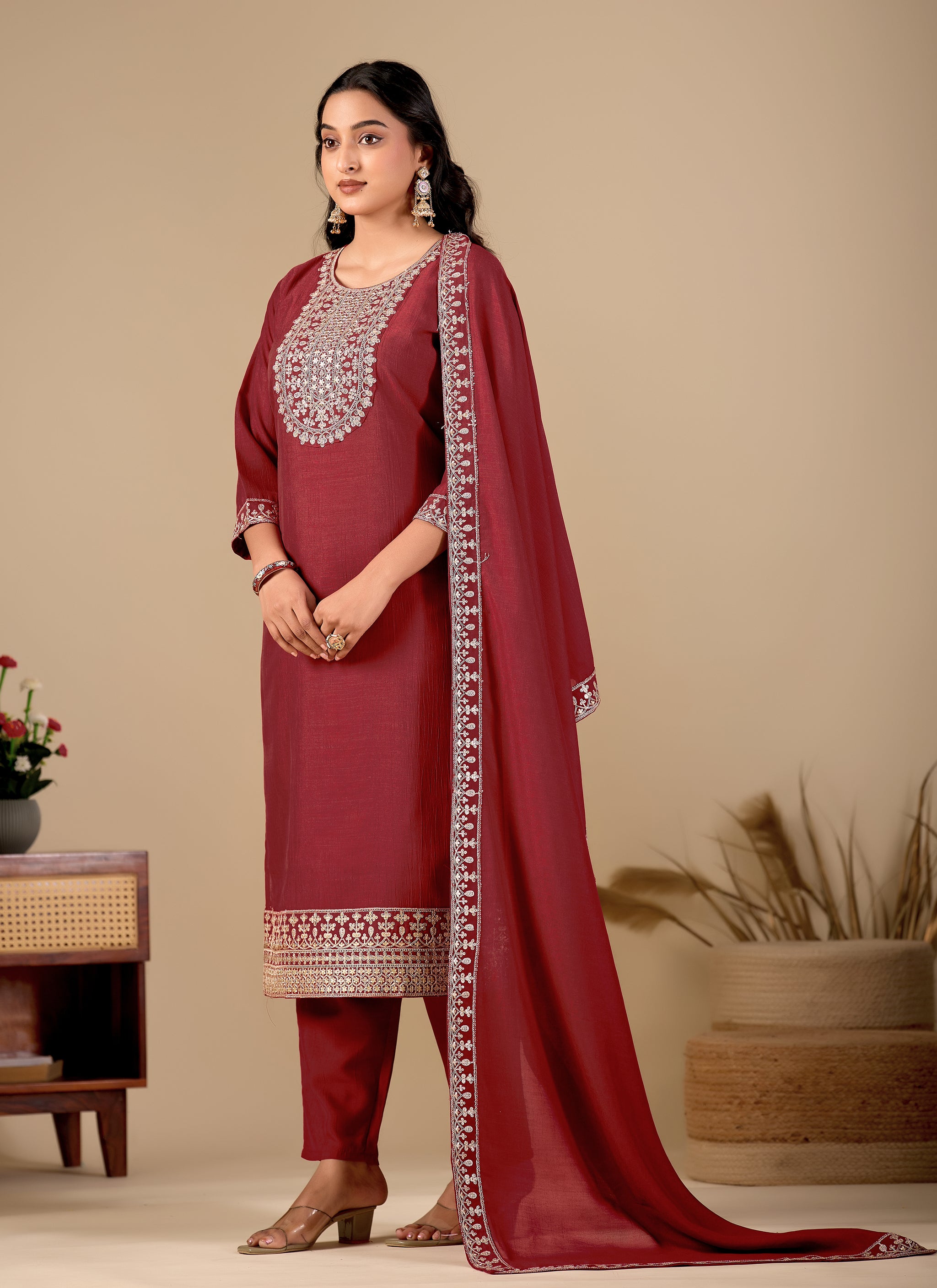 Maroon Embroidered Straight Kurta Suit Set with Pants & Dupatta