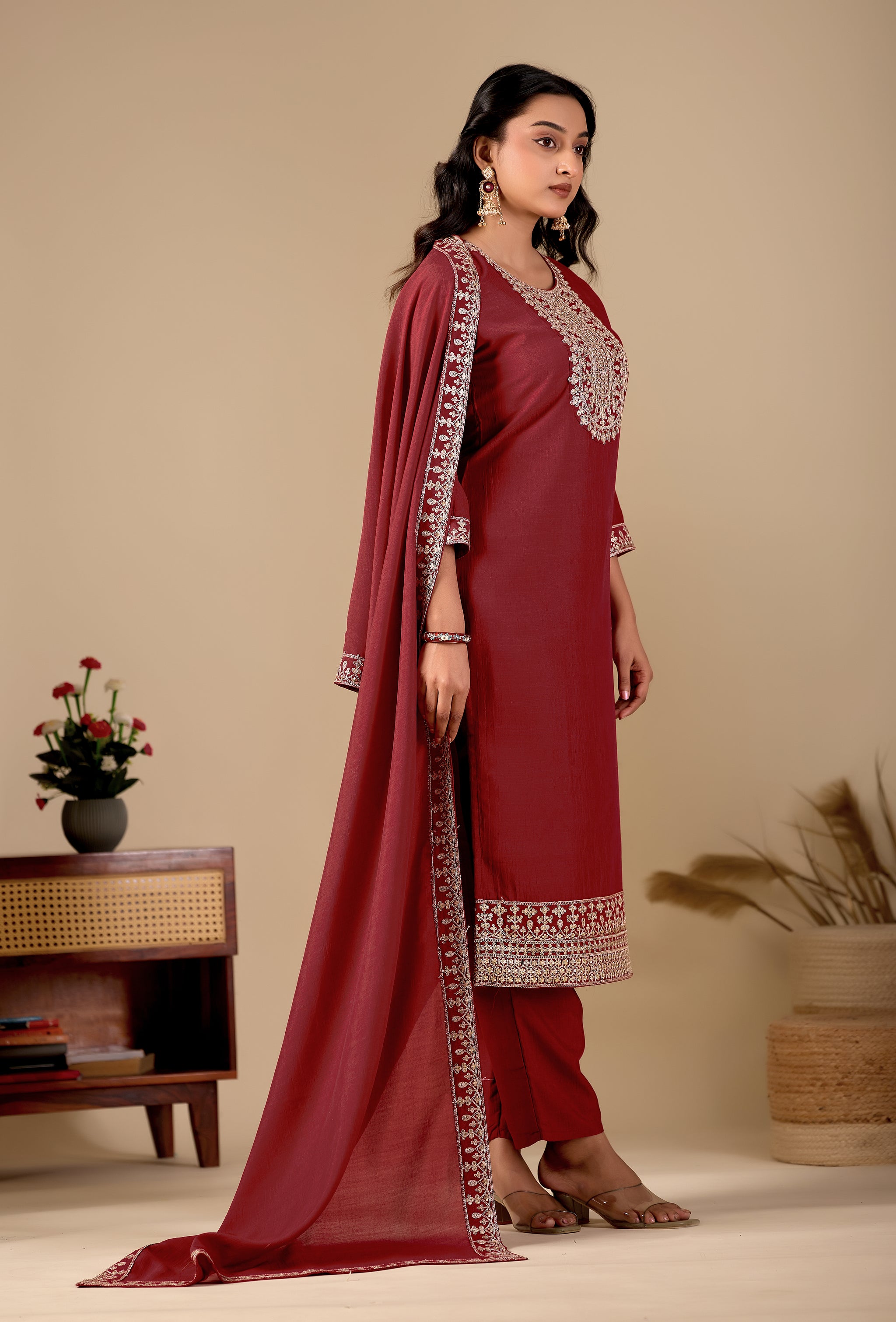 Maroon Embroidered Straight Kurta Suit Set with Pants & Dupatta