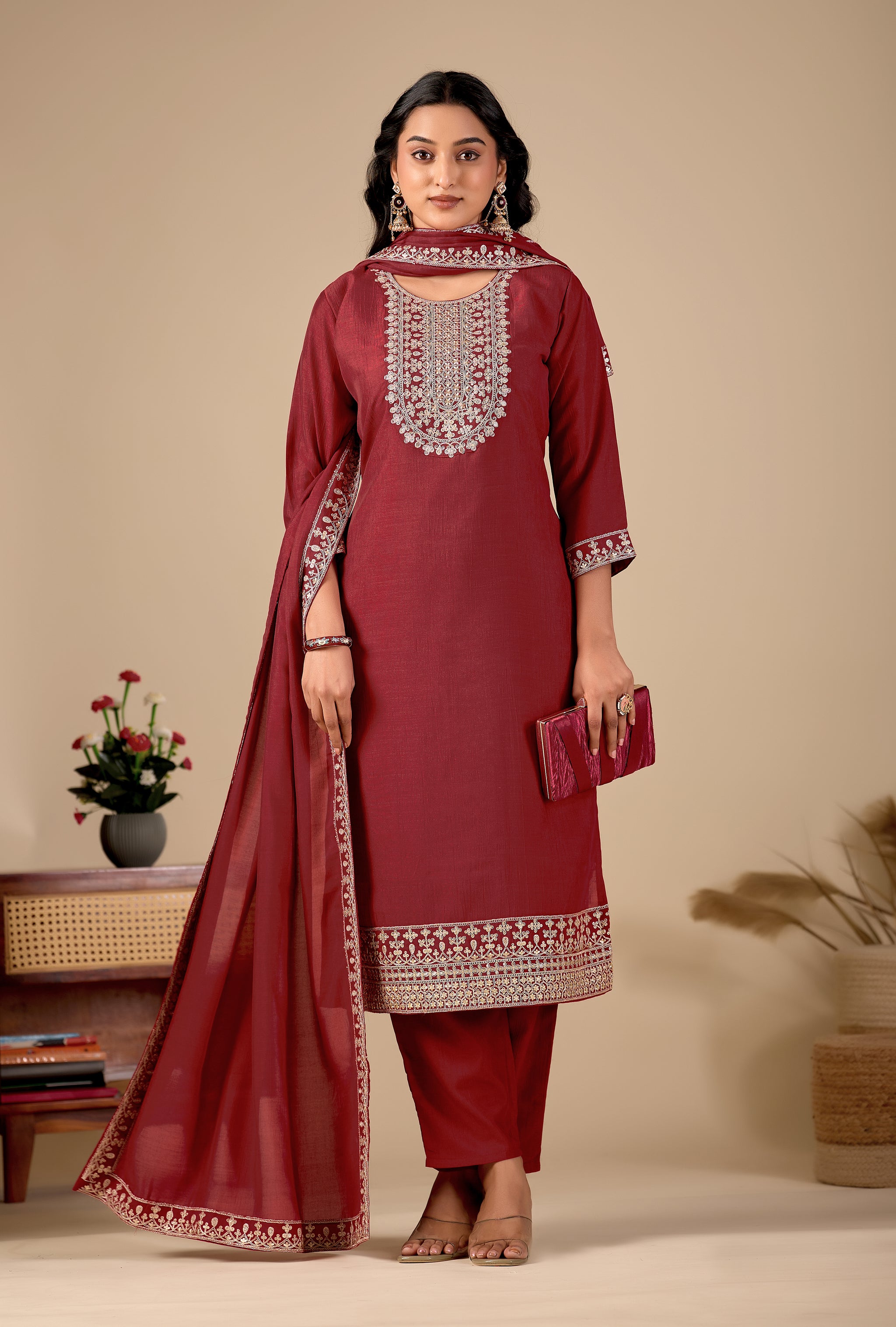 Maroon Embroidered Straight Kurta Suit Set with Pants & Dupatta