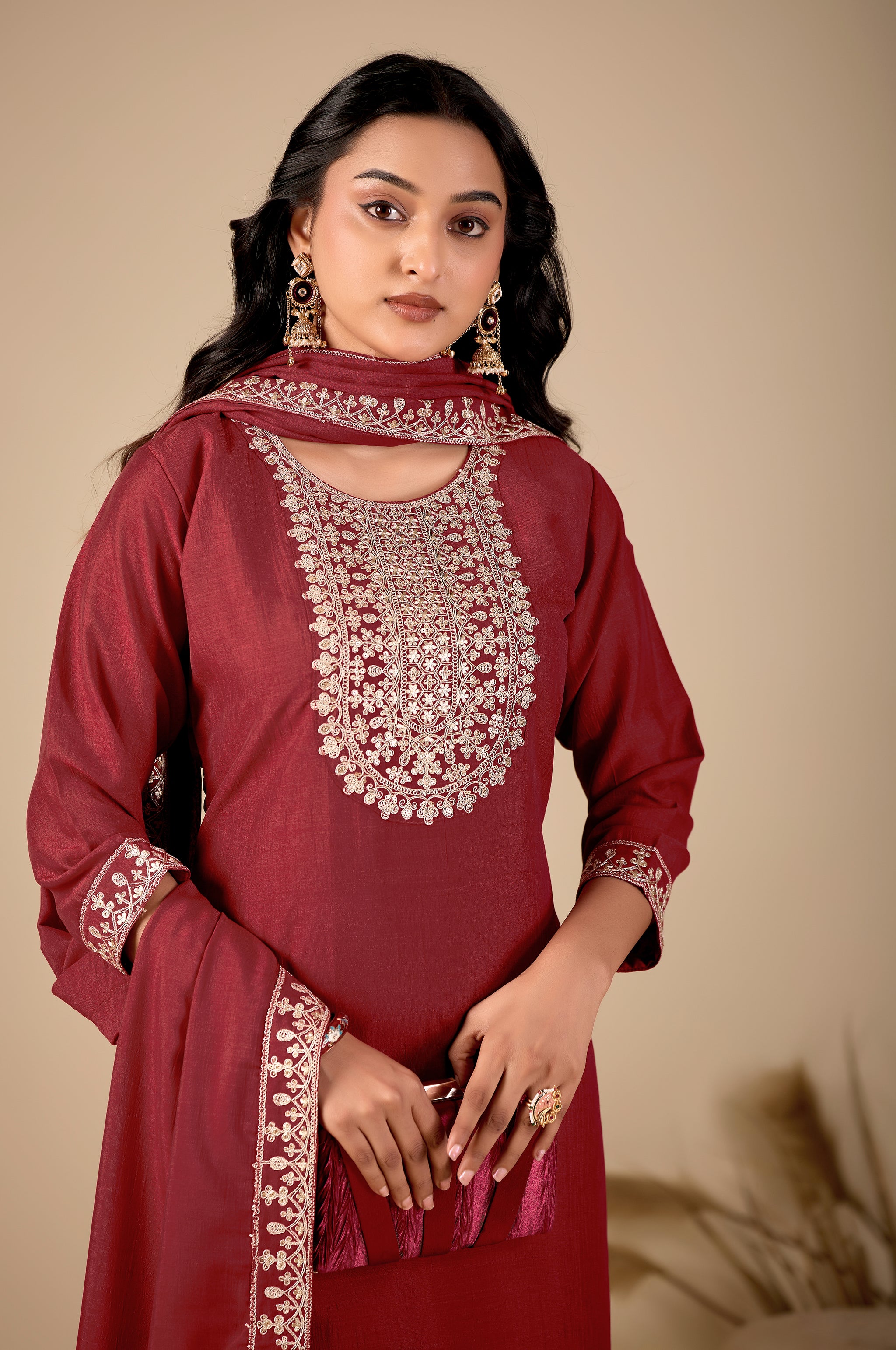 Maroon Embroidered Straight Kurta Suit Set with Pants & Dupatta