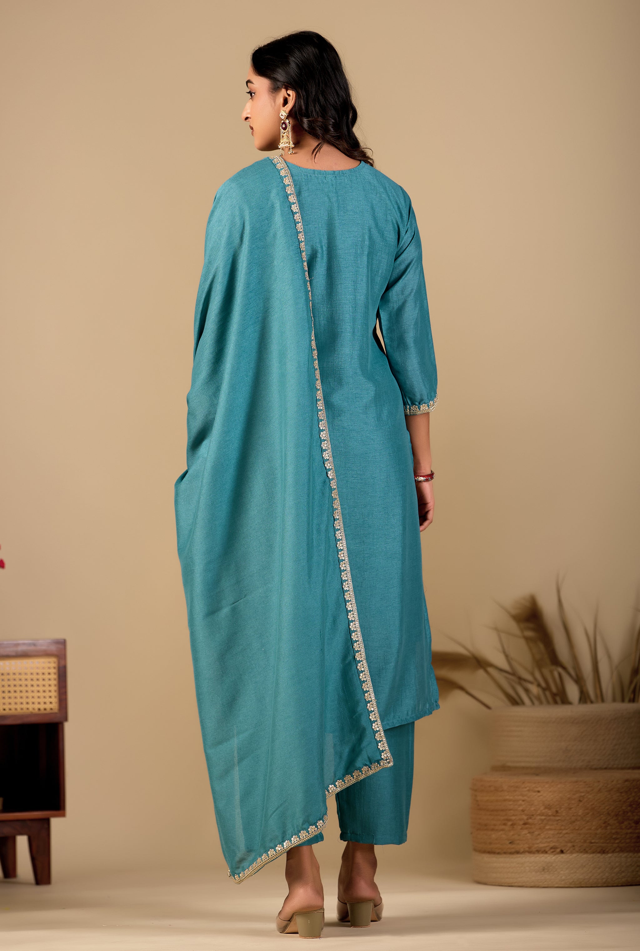 Teal Blue Straight Kurta Pant Set with Zari Embroidered Yoke & Dupatta