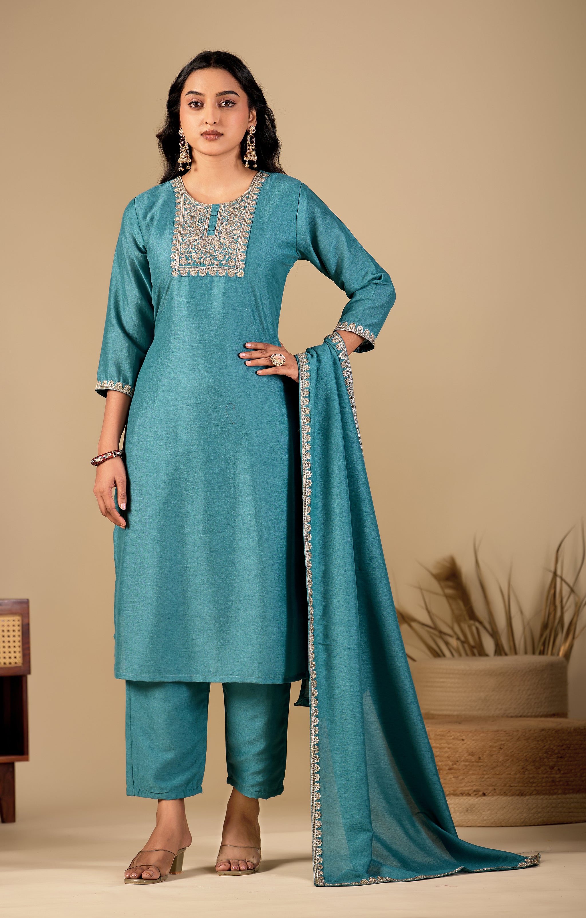 Teal Blue Straight Kurta Pant Set with Zari Embroidered Yoke & Dupatta