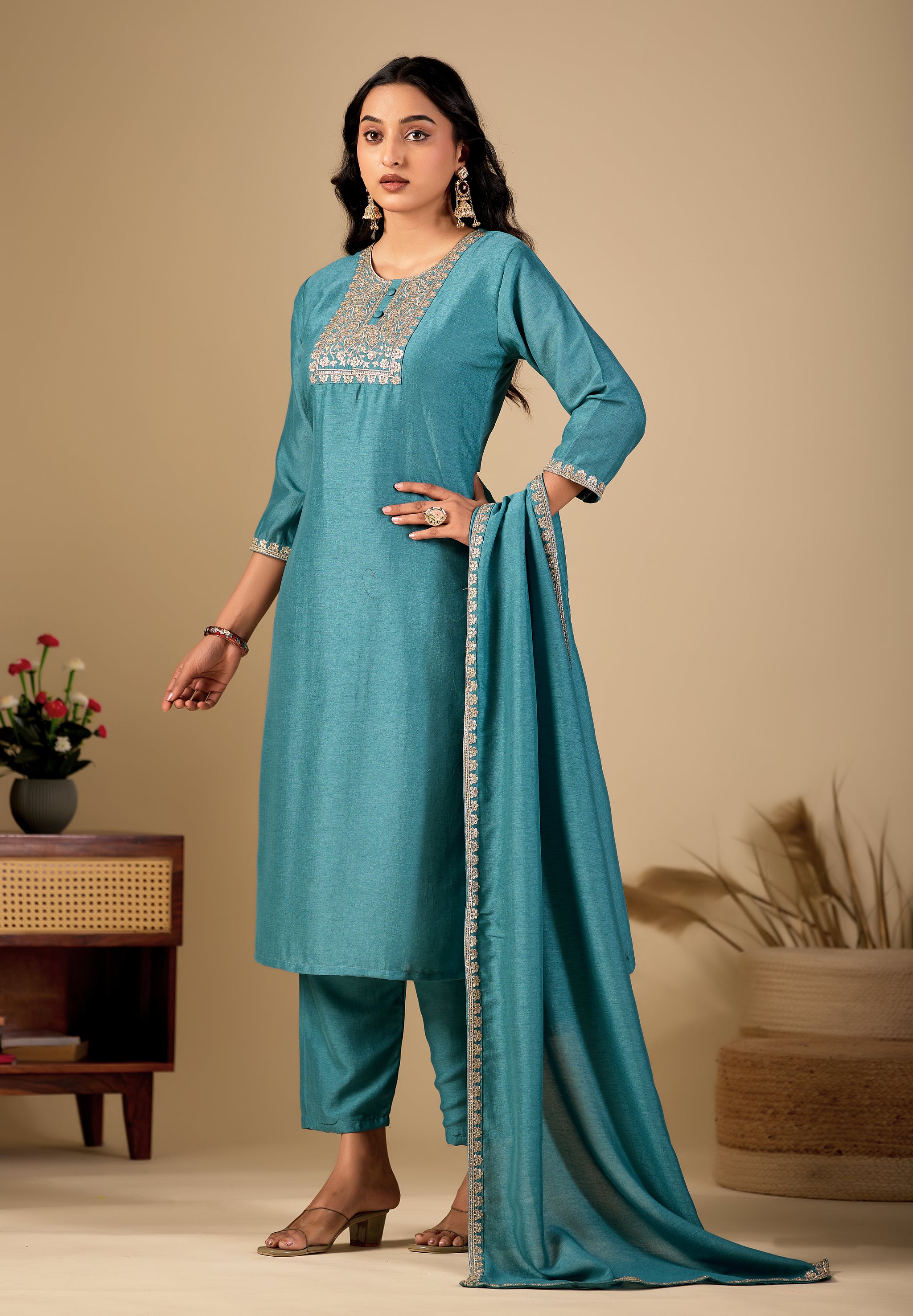 Teal Blue Straight Kurta Pant Set with Zari Embroidered Yoke & Dupatta