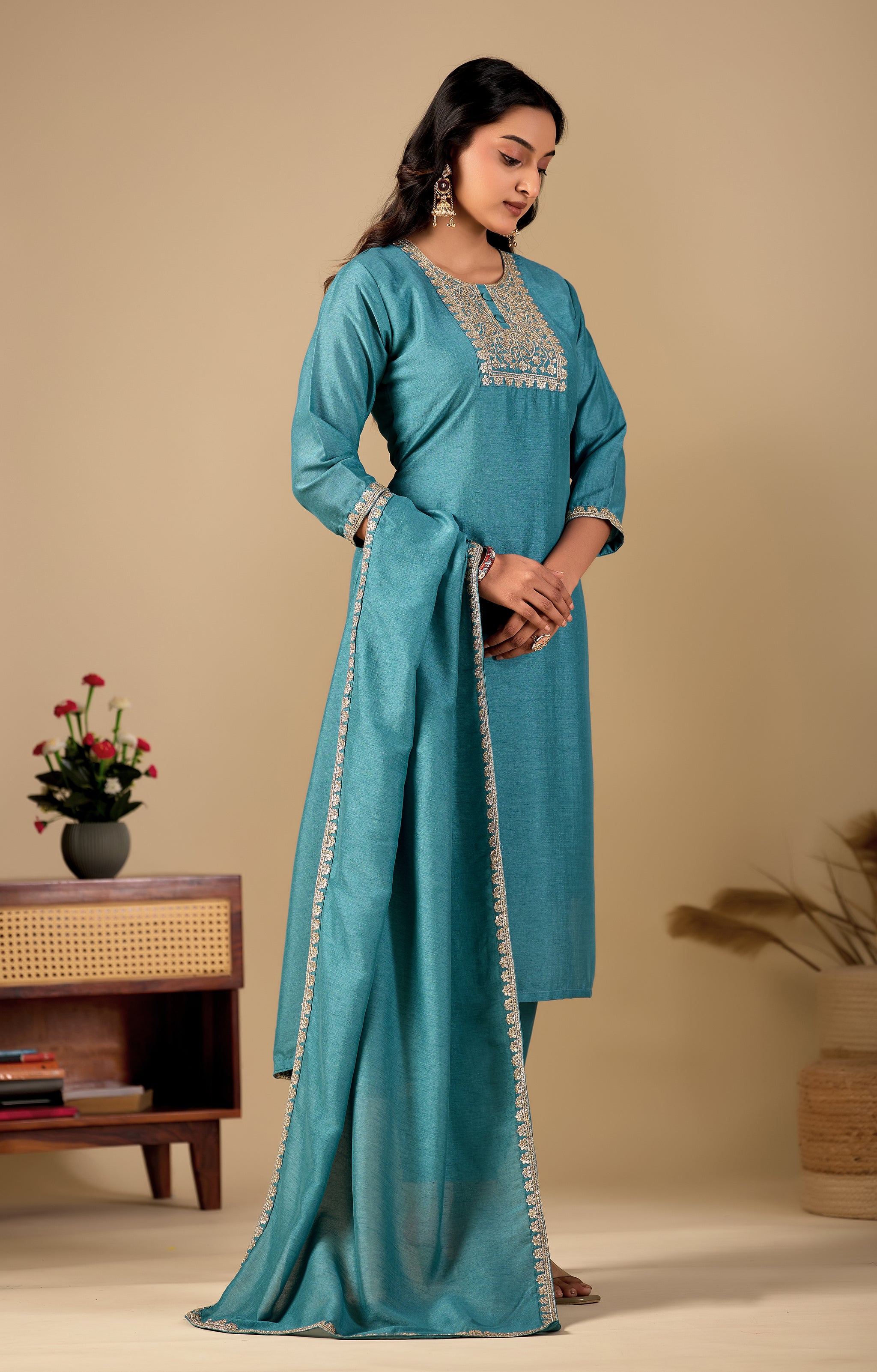 Teal Blue Straight Kurta Pant Set with Zari Embroidered Yoke & Dupatta